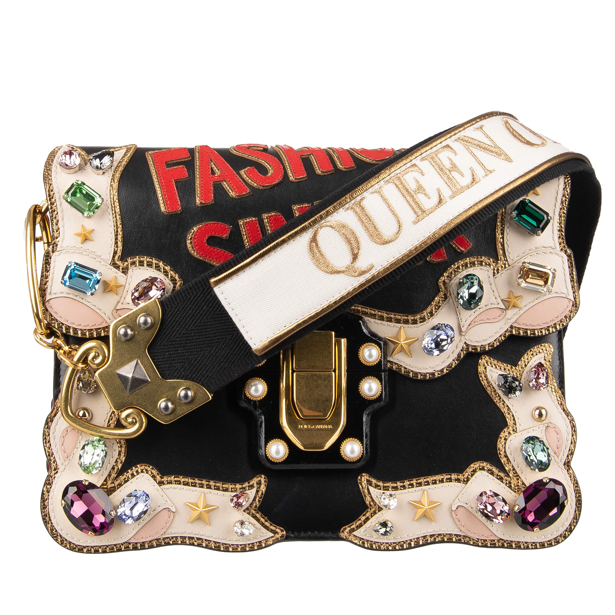 Beschmückte Schultertasche LUCIA Fashion Sinner mit mehrfarbigen Kristallen, Nieten, DG Logo, besticktem Schulterriemen "Queen of Love" von DOLCE & GABBANA