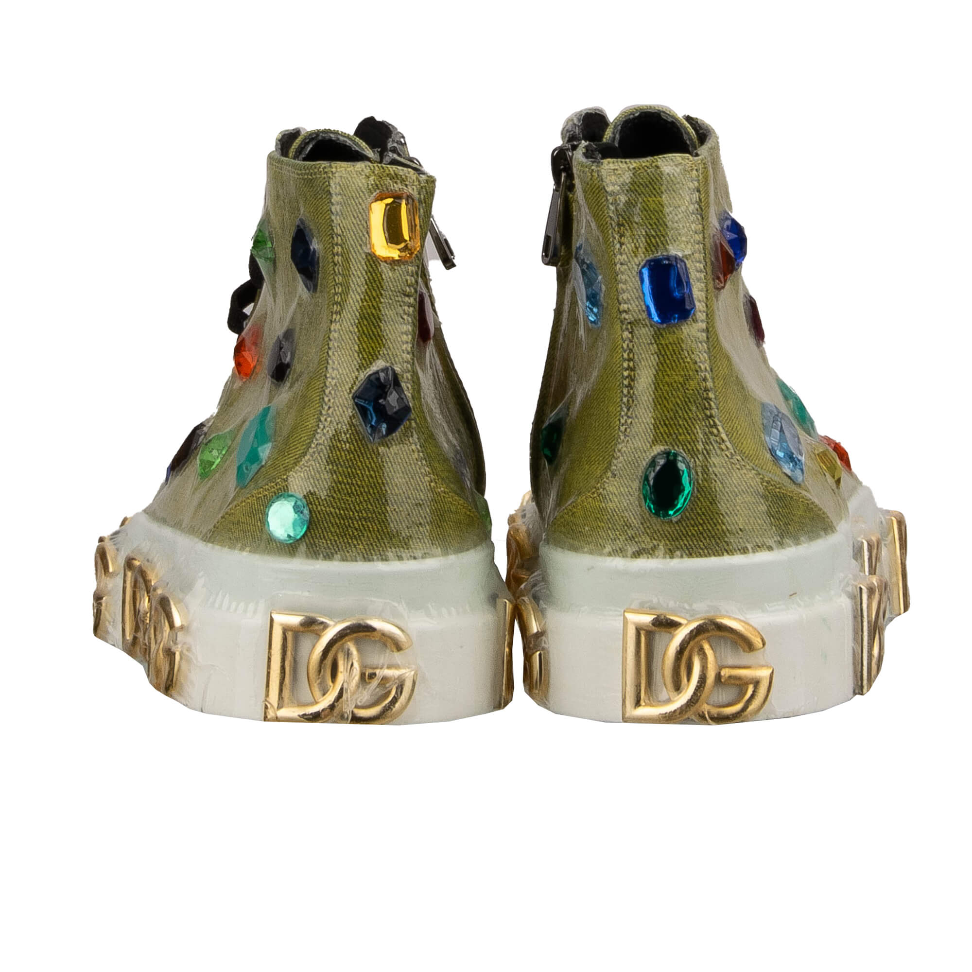 High Top Denim Stoff und Leder Sneaker PORTOFINO mit DG Gold Logos und Kristallen in Grau und Weiß von DOLCE & GABBANA