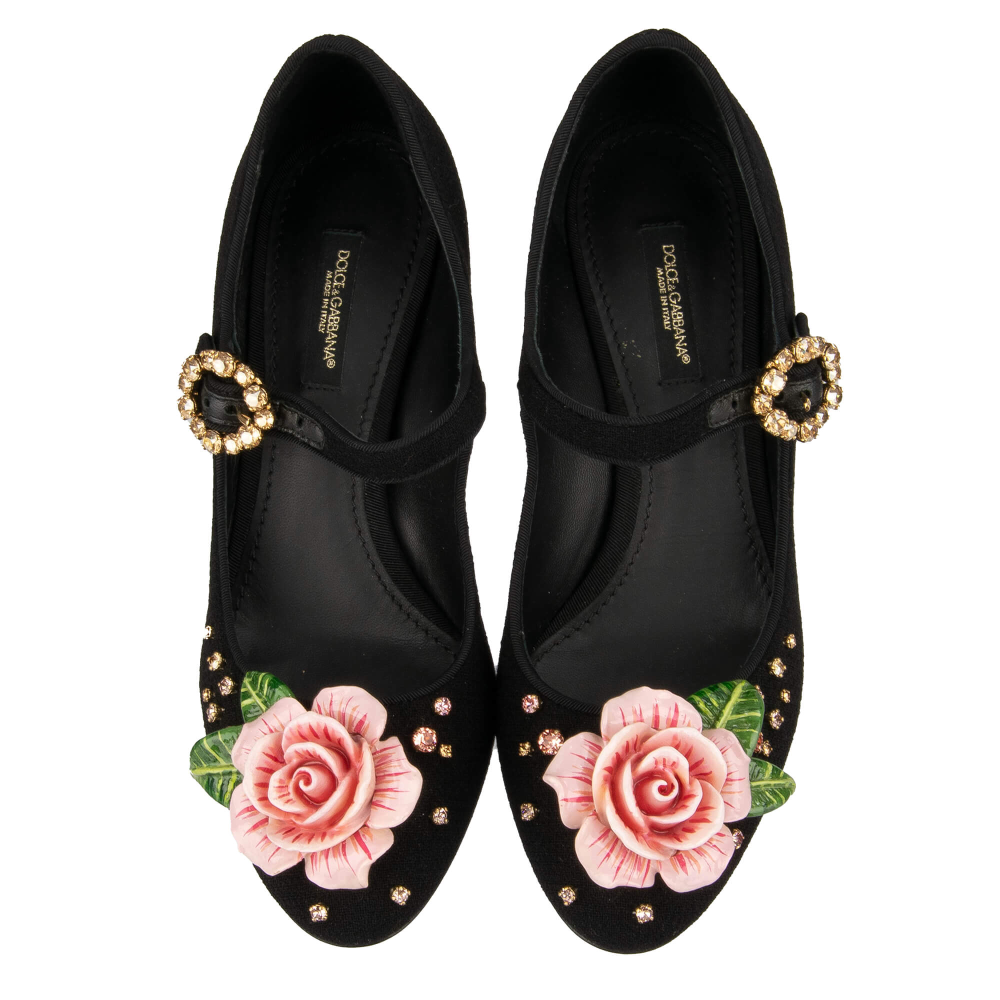Stoff und Leder Mary Jane Pumps VALLY mit Handbemahlter Rose und Kristallen Schnalle von DOLCE & GABBANA