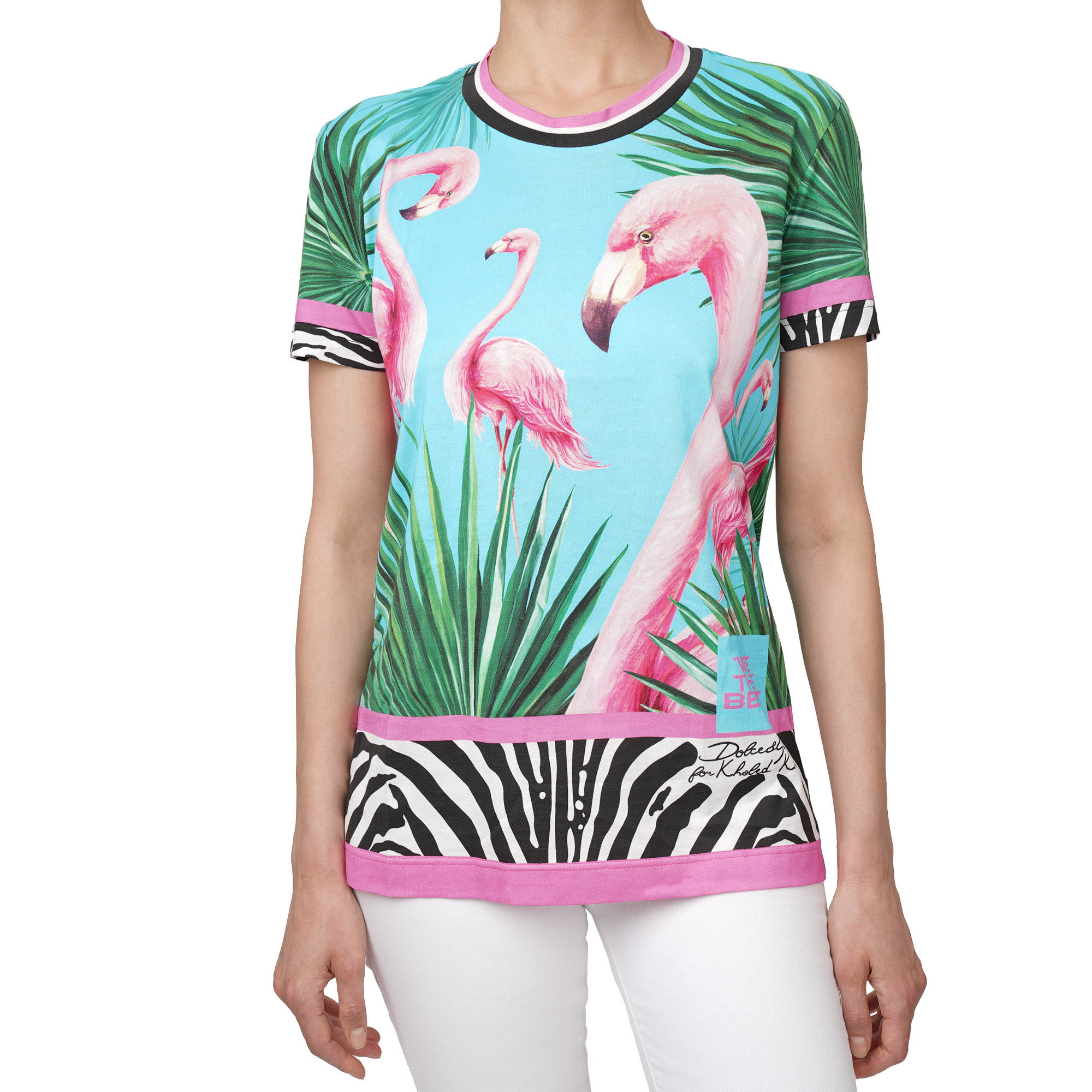 DJ Khaled Flamingo Zebra Print Cotton T-Shirt Blue Pink 