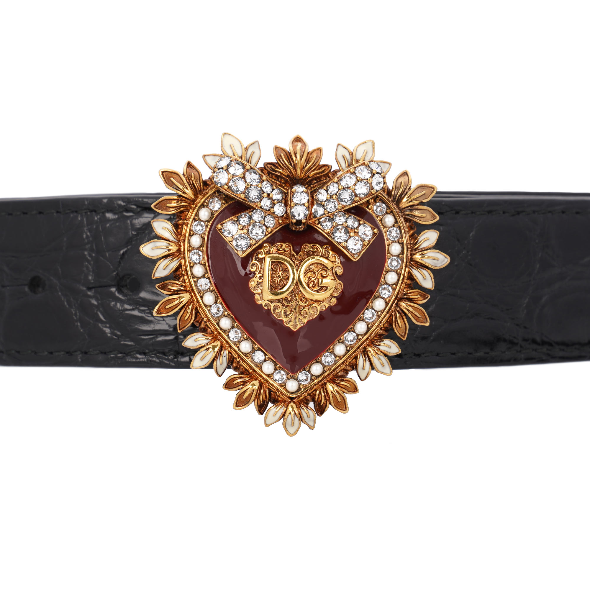 DEVOTION crocodile and calf leather Belt embellished with Pearl and Crystal Metal Heart in black and gold by DOLCE & GABBANA 