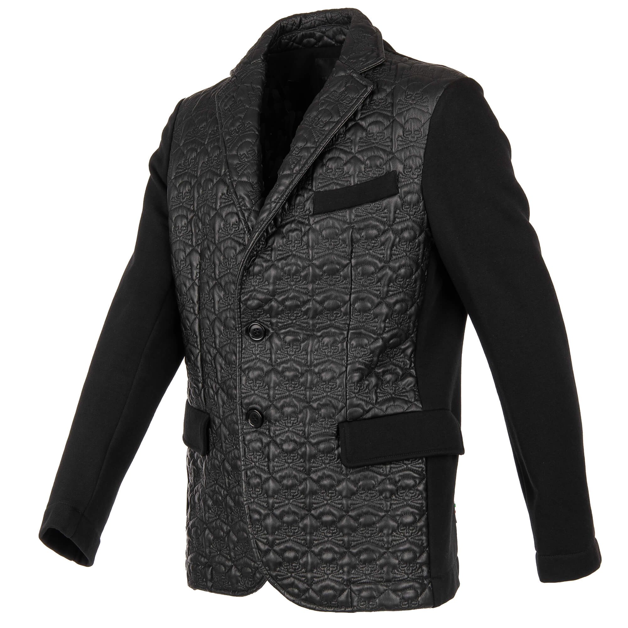 Jacket / Blazer SUE made of woven fabric and imitation leather with skull texture and large crystals skull at the back by PHILIPP PLEIN