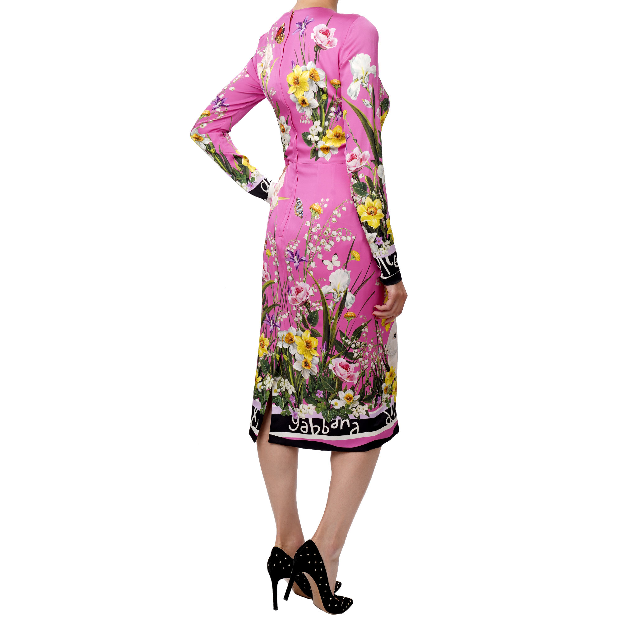 Silk dress with DG Logo, daffodil, lily of the valley flower and rabbit print in pink by DOLCE & GABBANA