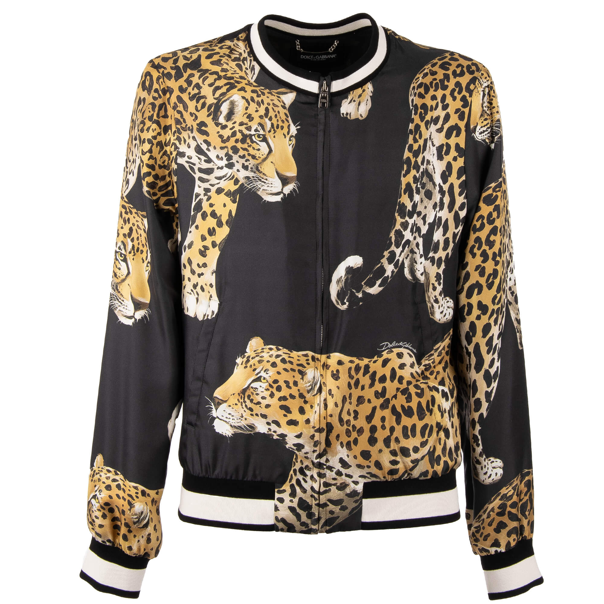 Leopard Printed Silk Bomber Jacket Black Brown