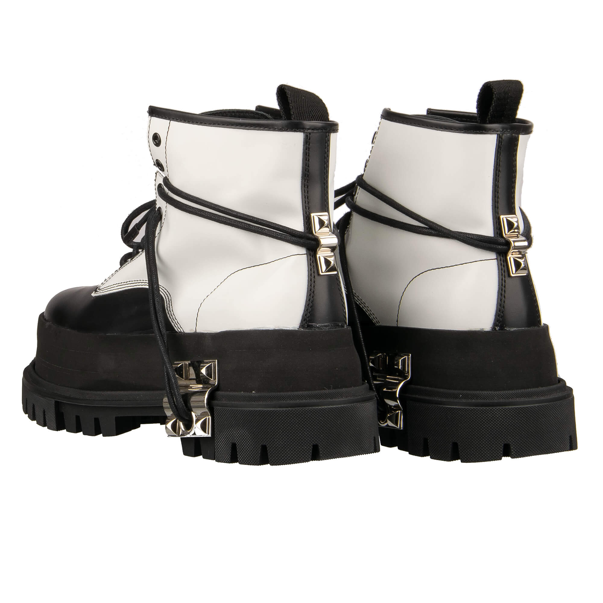 Leder Plateau Hi Trek Combat / Biker Stiefel mit Applikationen us Metall und großem DG Logo in Schwarz und Weiß von DOLCE & GABBANA
