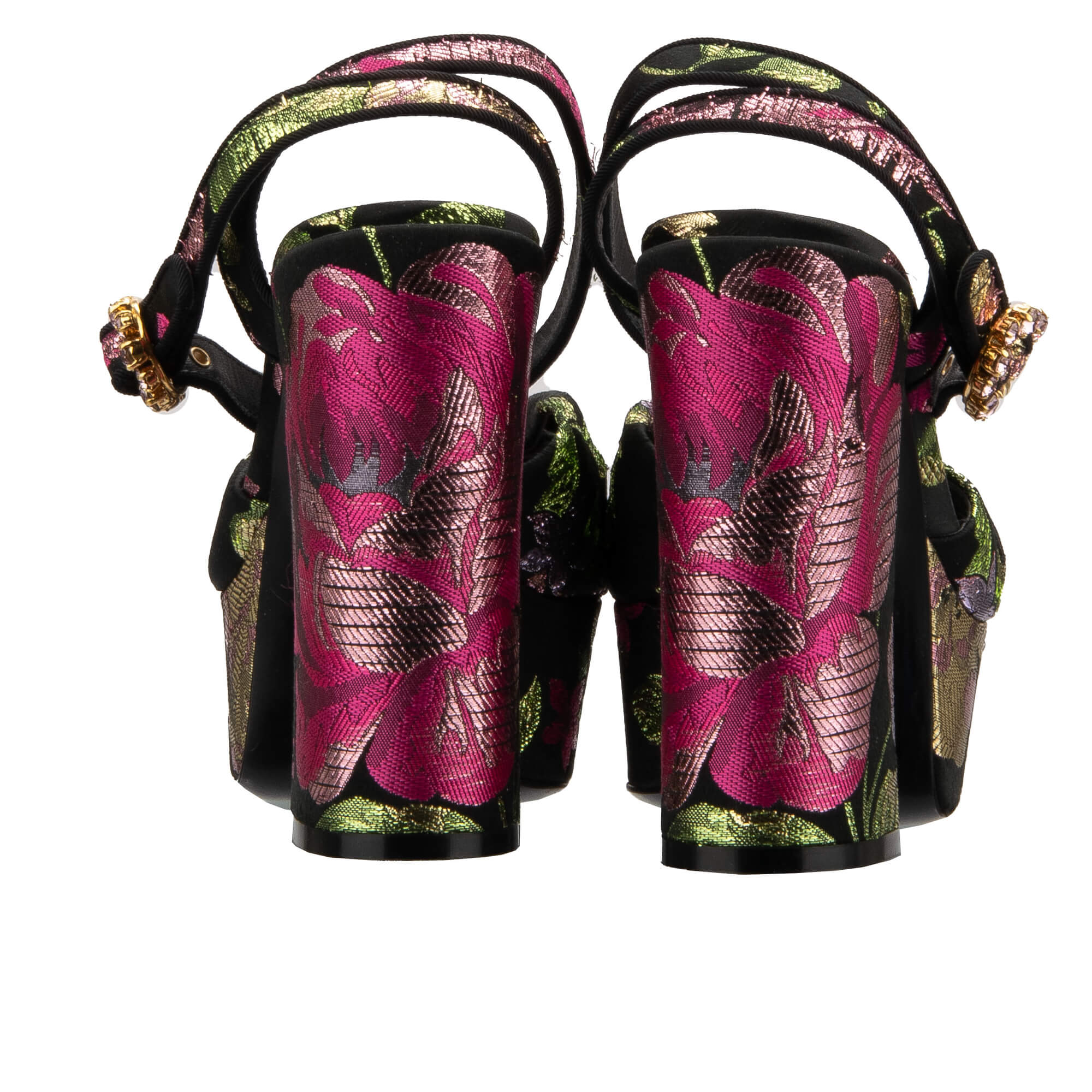 Flower Jacquard Plateau Leather Sandals KEIRA with crystal buckle in black, pink and green by DOLCE & GABBANA