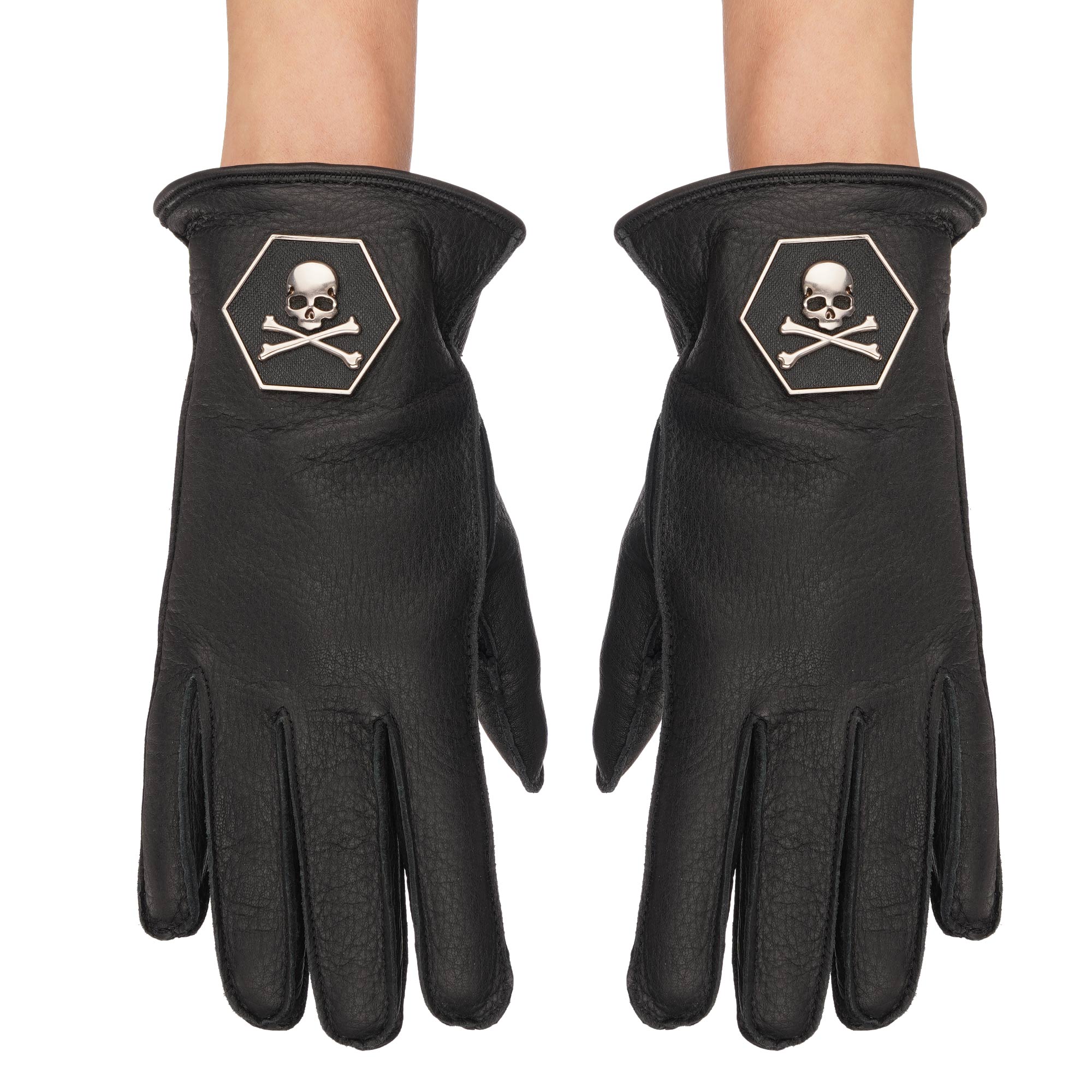Fulton Metall Totenkopf Leder Kaschmir Handschuhe Schwarz 7,5