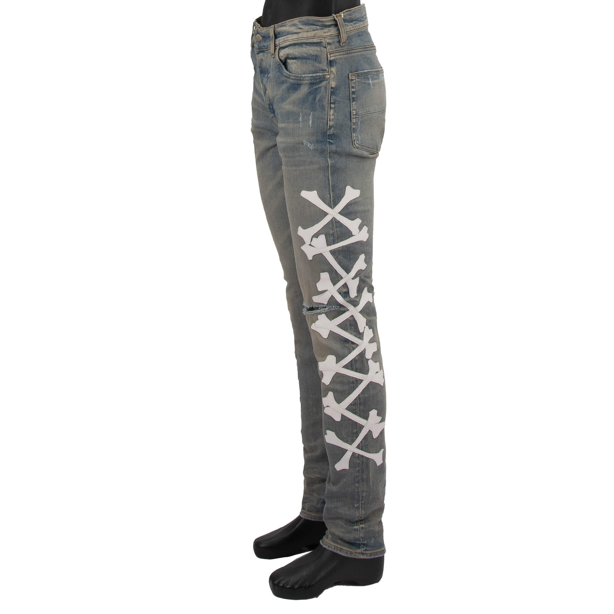 Bones Applique Skinny Jeans with Leather Applications Indigo Blue White