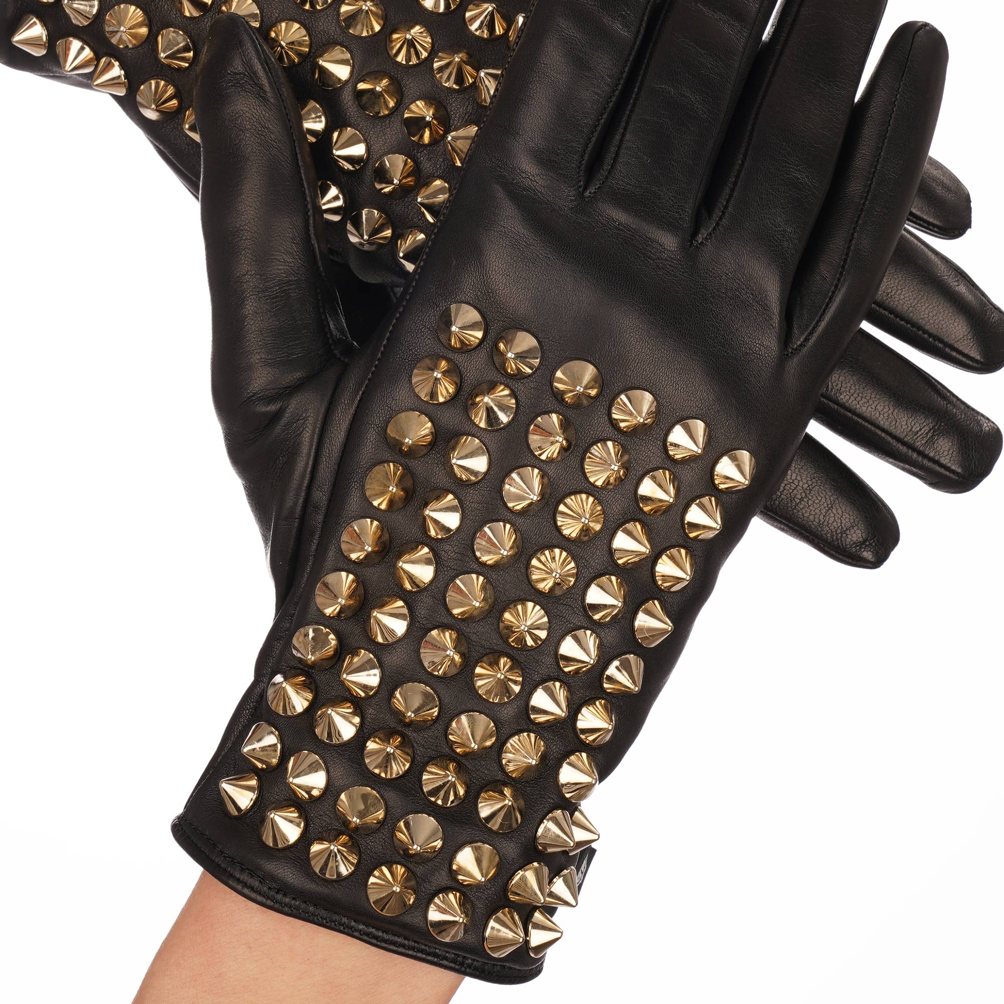 "Diva" Leder Handschuhe mit Kaschmir Lining und Nieten Applikationen in Schwarz und Gold von PHILIPP PLEIN 