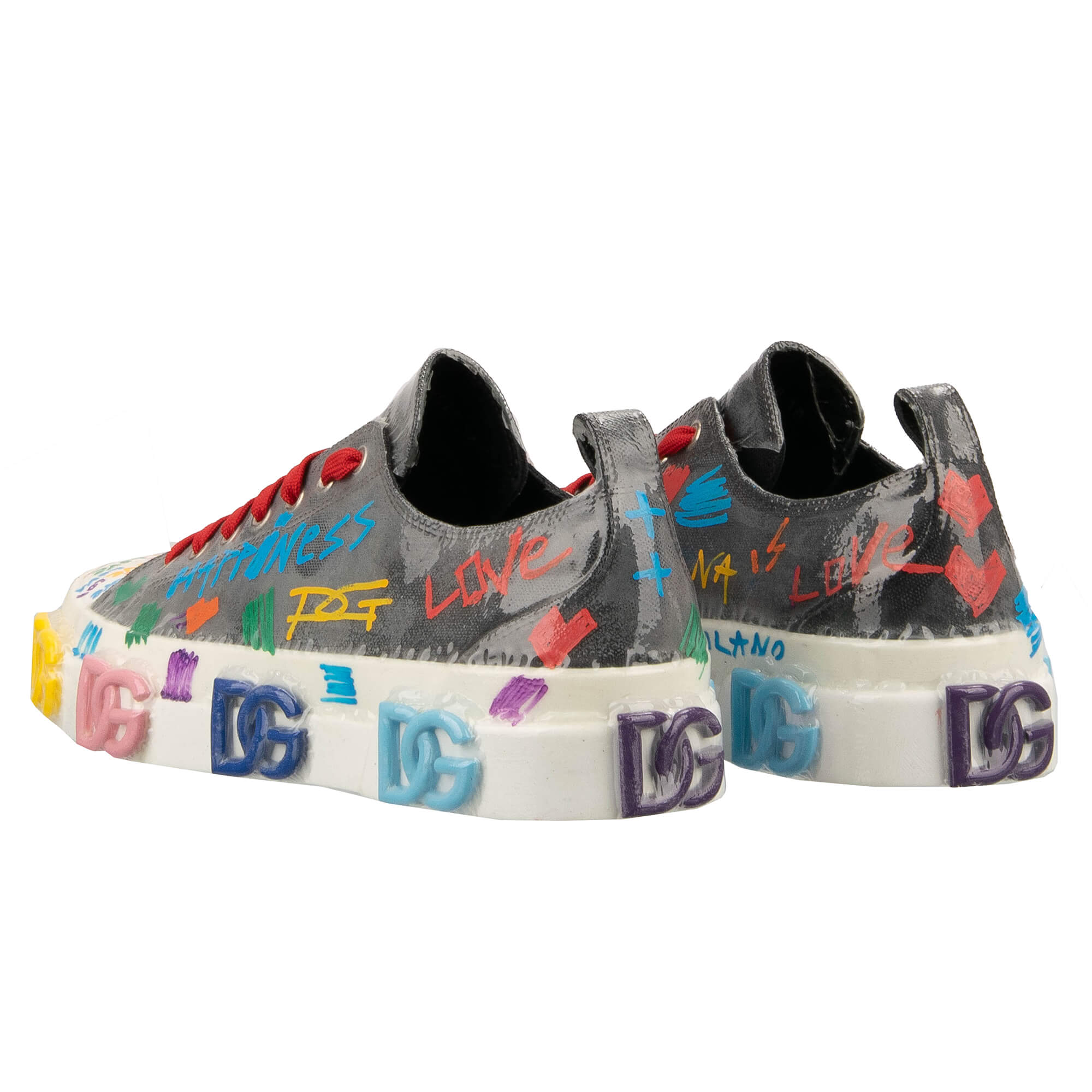 Graffiti Herren Low Top Stoff und Leder Sneaker PORTOFINO mit DG Gold Logo und Plastik Folie Design in Grau und Weiß von DOLCE & GABBANA