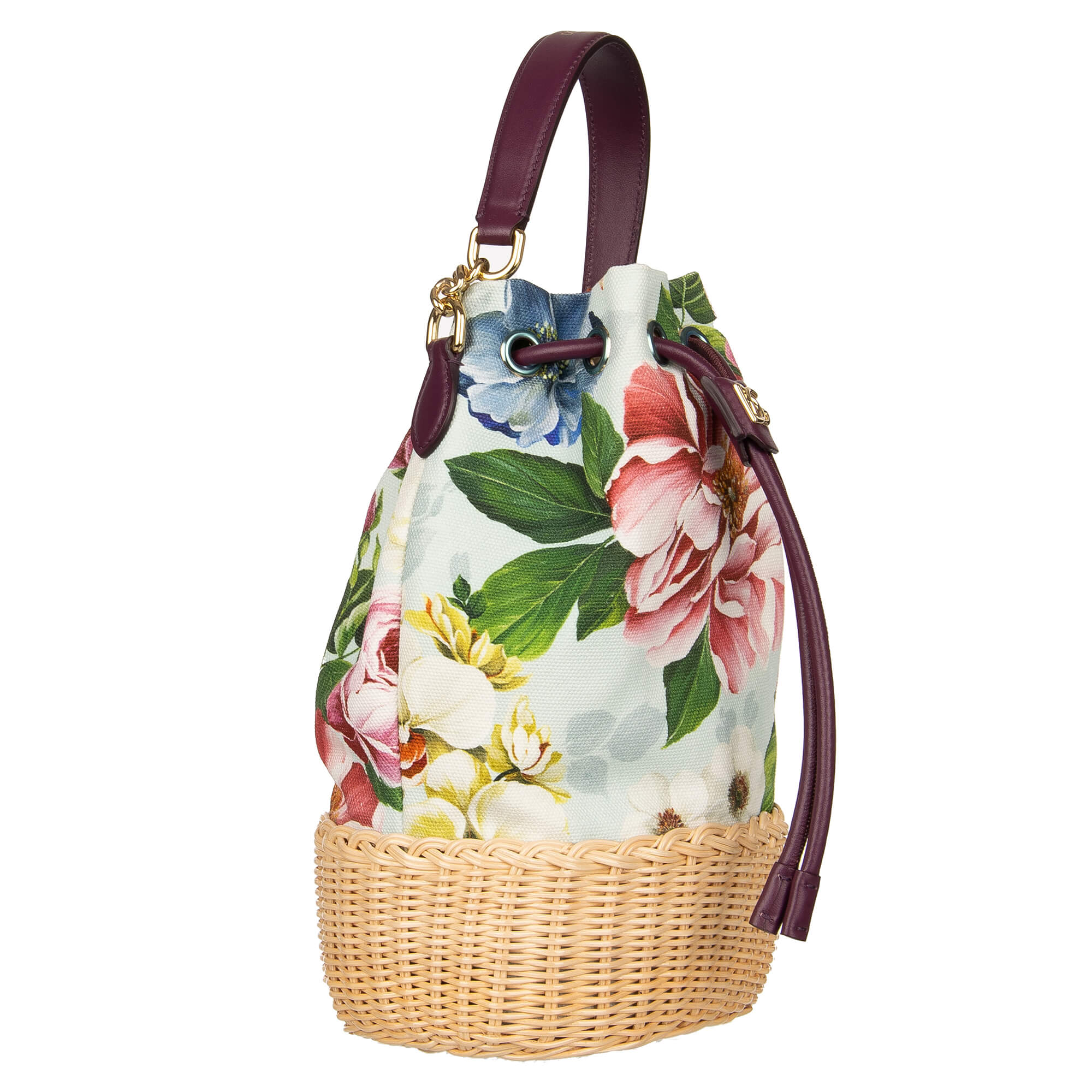 Beutel Tasche / Handtasche DG MILLENNIALS Bag aus Canvas und Wickel Stroh mit Blumen Print und Kordel Verschluss mit DG Logo von DOLCE & GABBANA