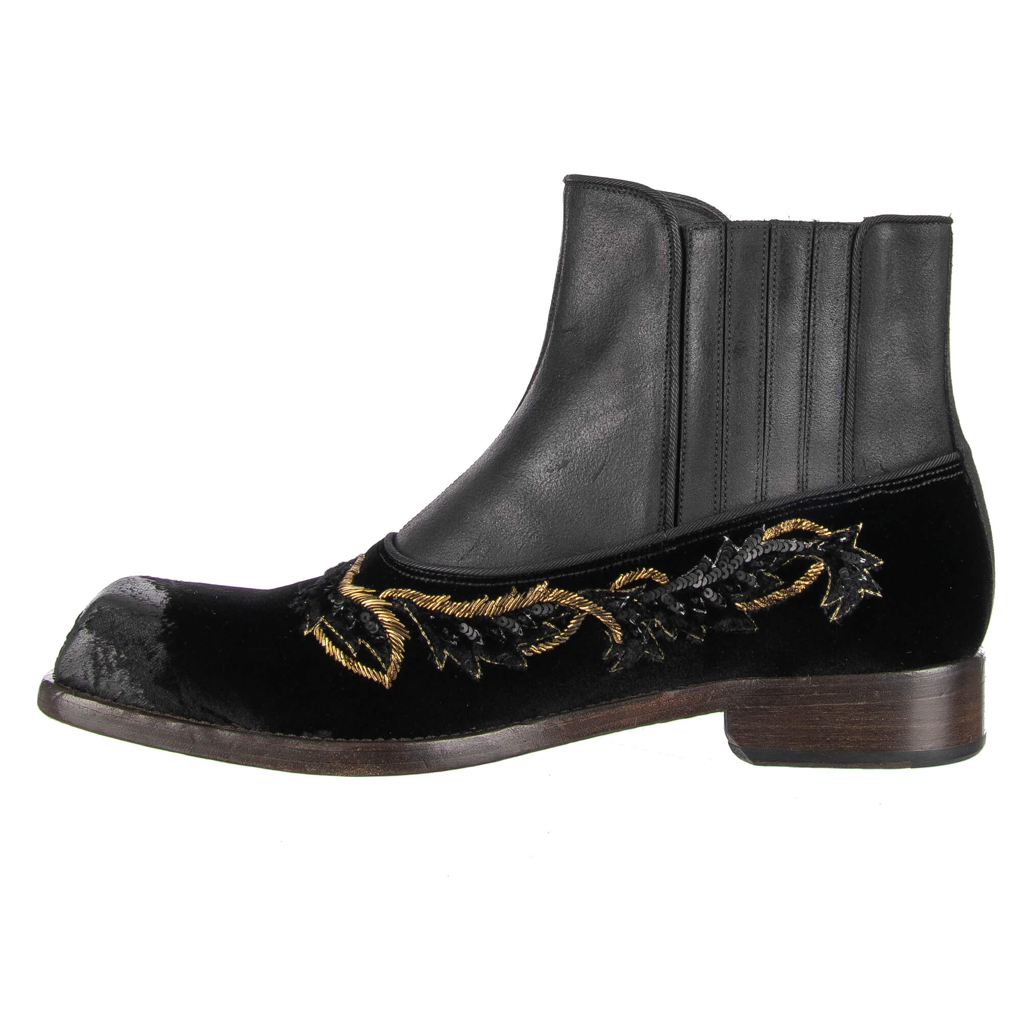 Stiefeletten VATICANO aus Samt und Leder im Barock Stil mit Stickerei aus Pailletten und Metall-Naht von DOLCE & GABBANA