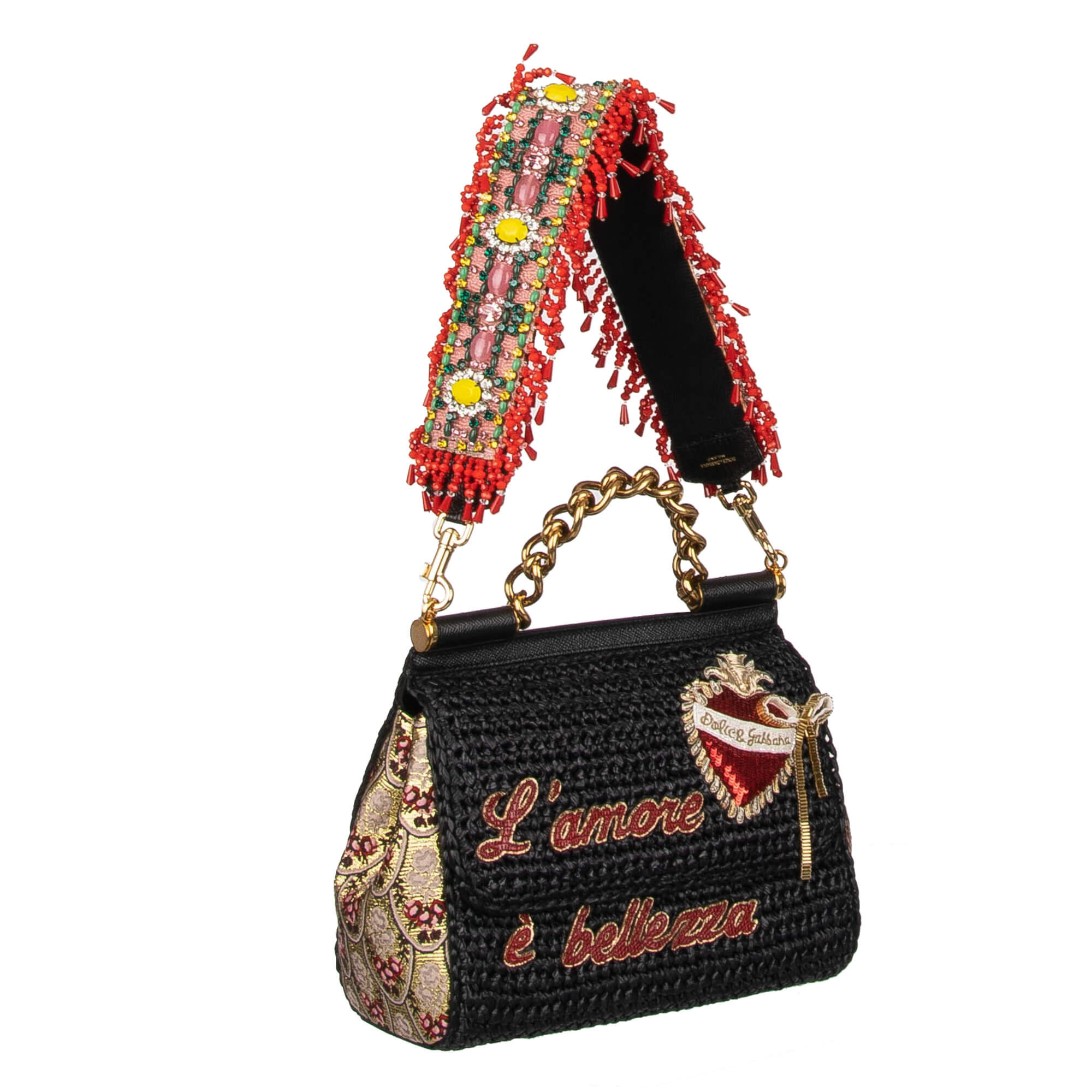 Schulterriemen für Tasche aus Baumwolle und Raffia in Rot und Pink verziert mit Perlen und Kristallen Handstickerei von DOLCE & GABBANA
