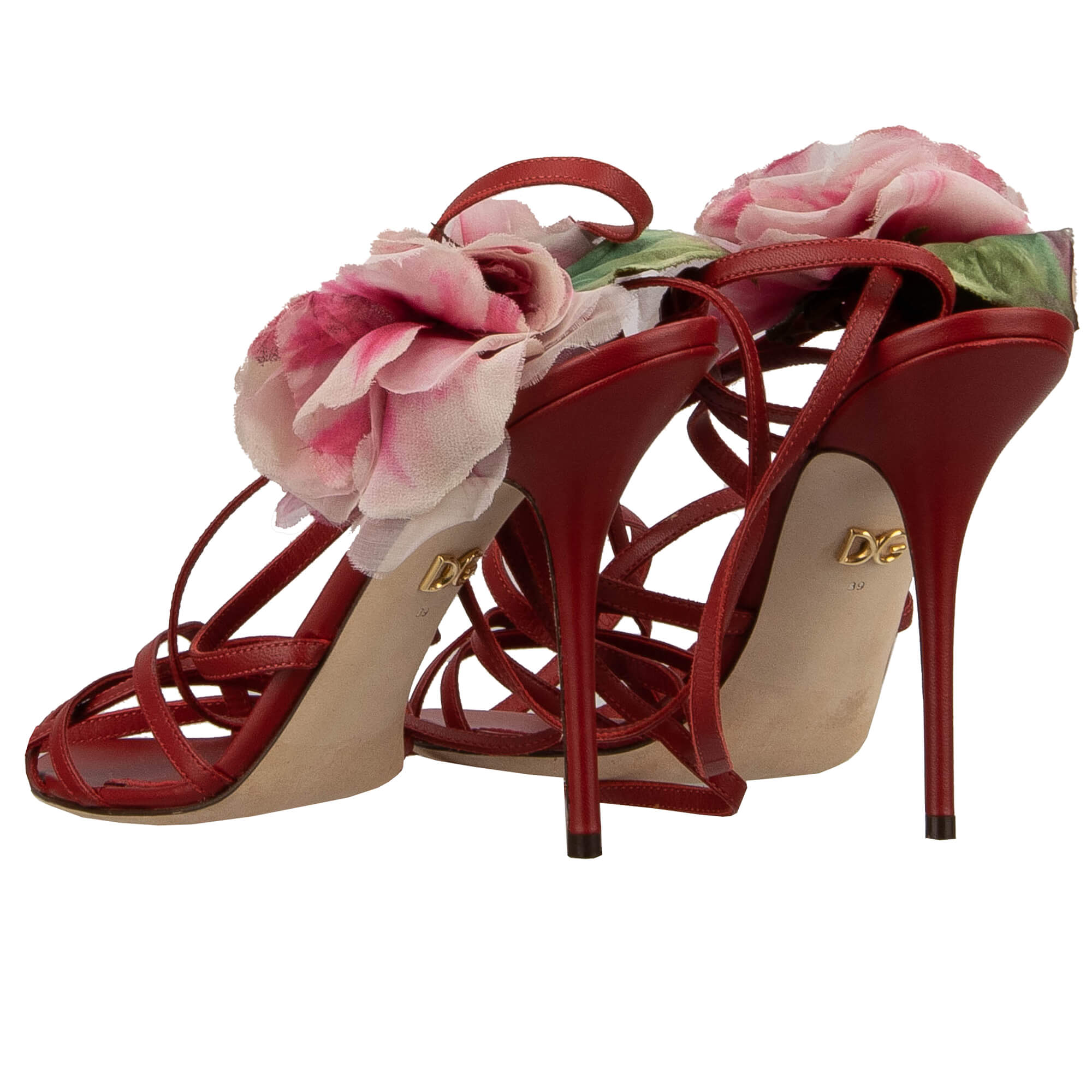 Leder Pumps Sandalen KEIRA mit Seide Pfingstrose und Riemchen in rot von DOLCE & GABBANA