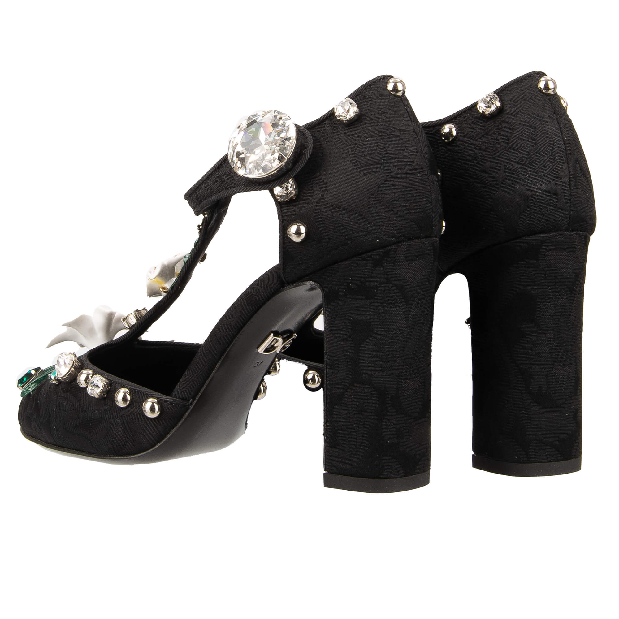 Brocade Ankle Strap Pumps VALLY in pink with hand painted lily flowers, crystals and pearls in black by DOLCE & GABBANA