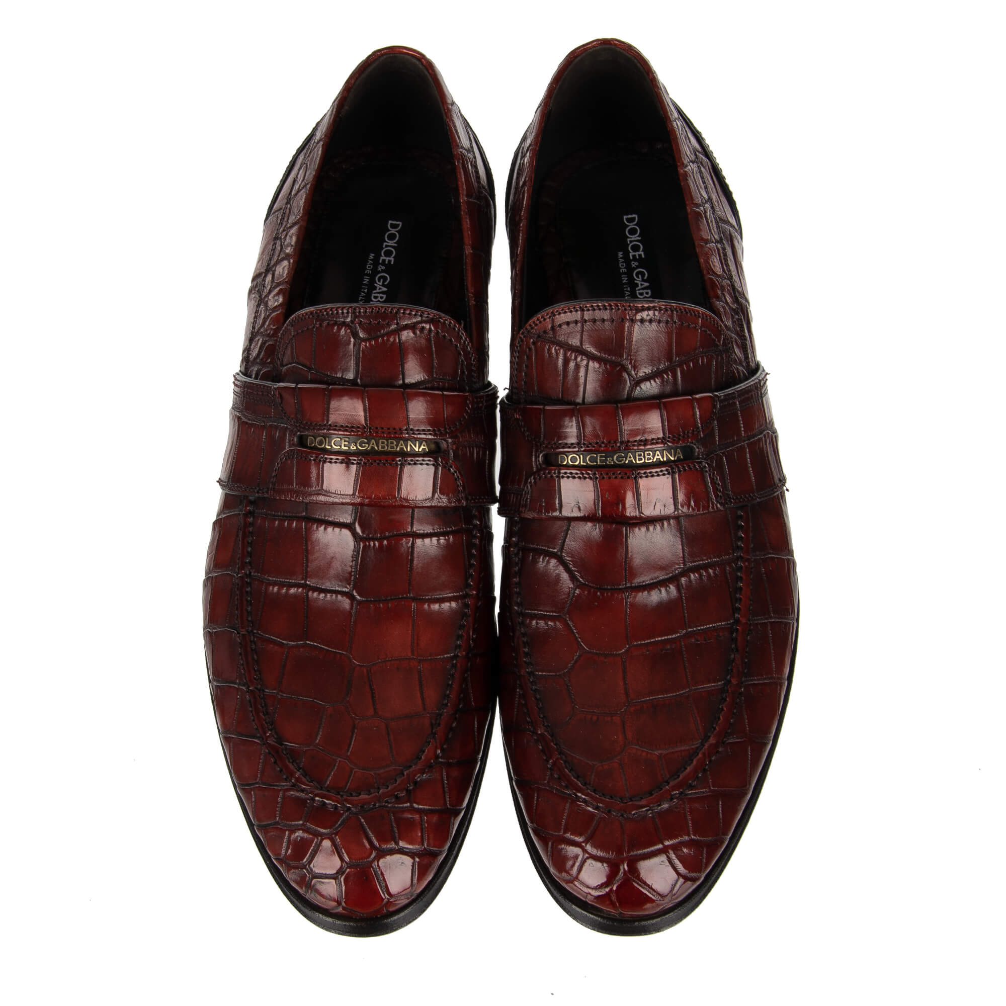 Sehr exklusive und elegante Loafer Schuhe NAPOLI aus Krokodilleder in Dunkel Rot mit Metall Logo von DOLCE & GABBANA