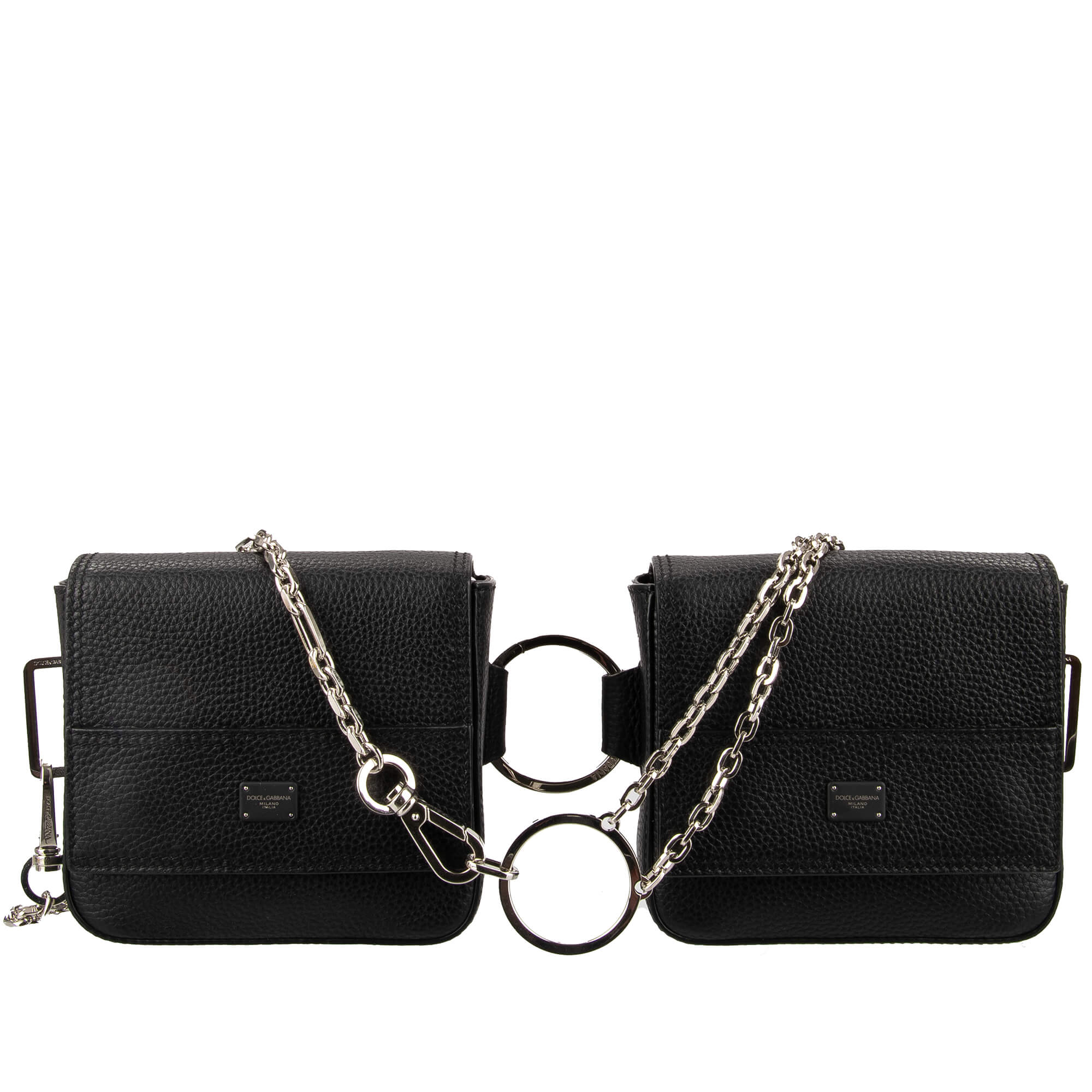 Doppelte Schulter- und Bauchtasche aus Dauphine Leder mit Logo und Ketten Schwar