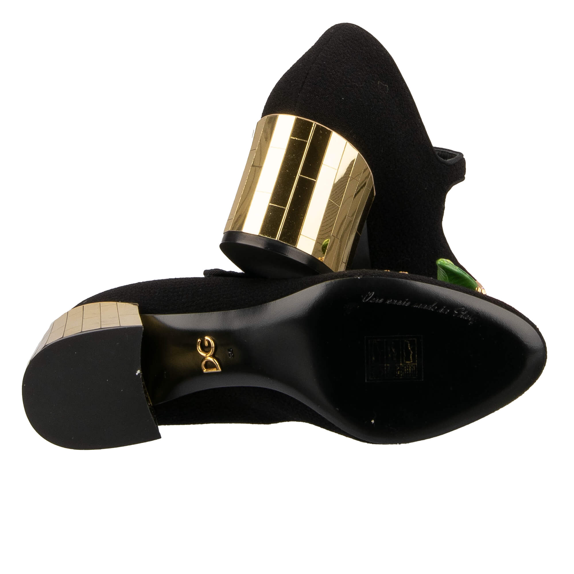 Stoff und Leder Mary Jane Pumps VALLY mit Handbemahlter Rose und Kristallen Schnalle von DOLCE & GABBANA