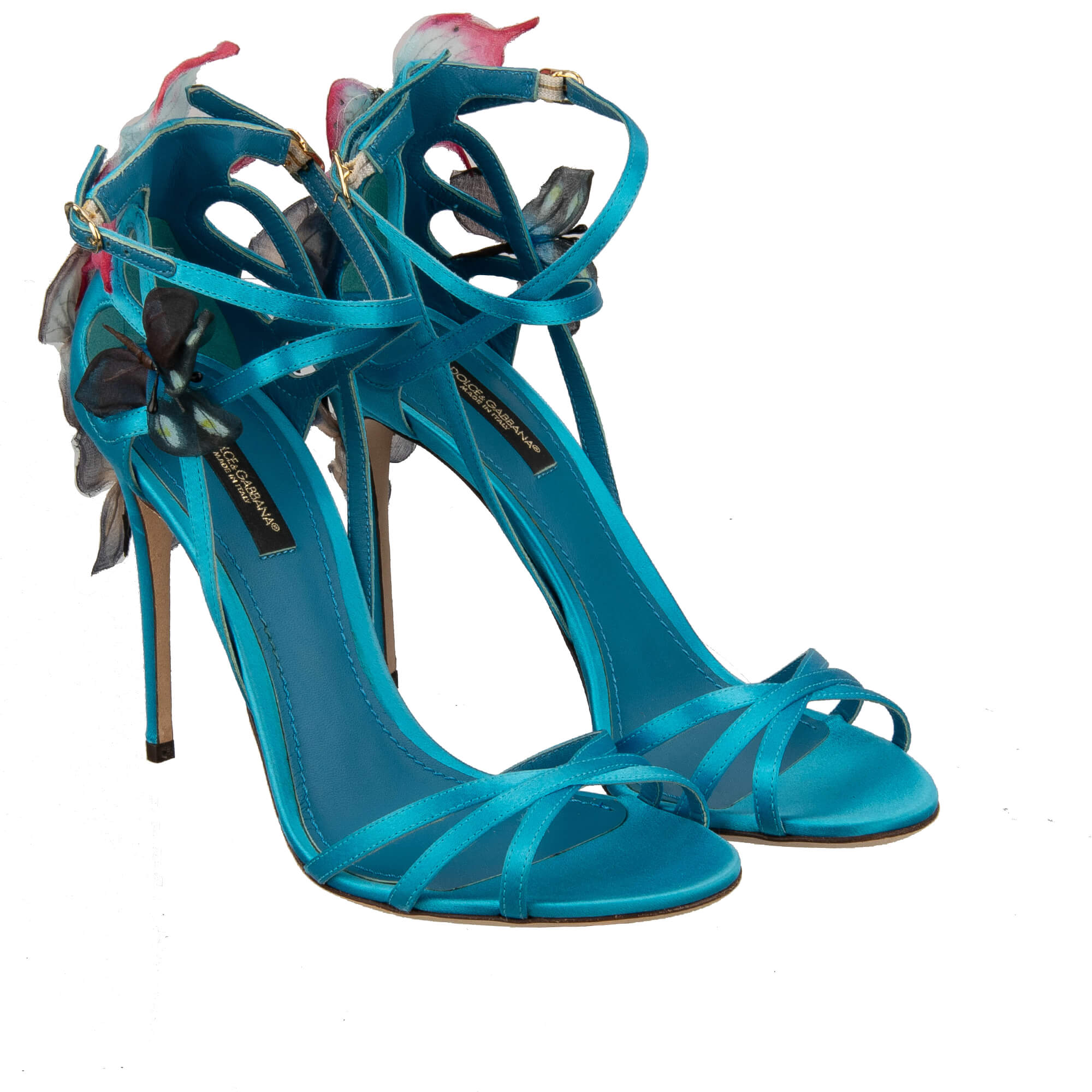 Seide Pumps Sandalen KEIRA mit Schmetterling und Riemchen in blau von DOLCE & GABBANA