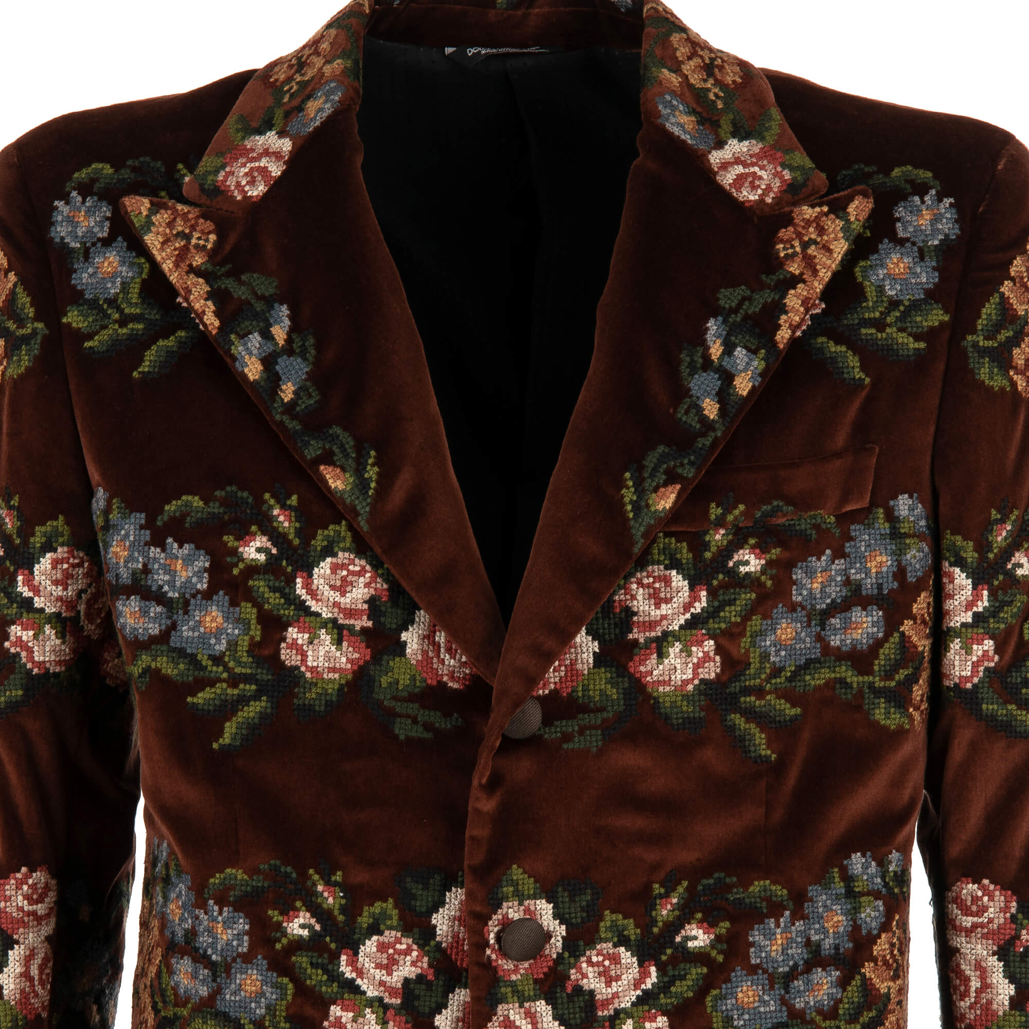 Velvet blazer with peak lapel and hand-embroidered flowers in brown by DOLCE & GABBANA