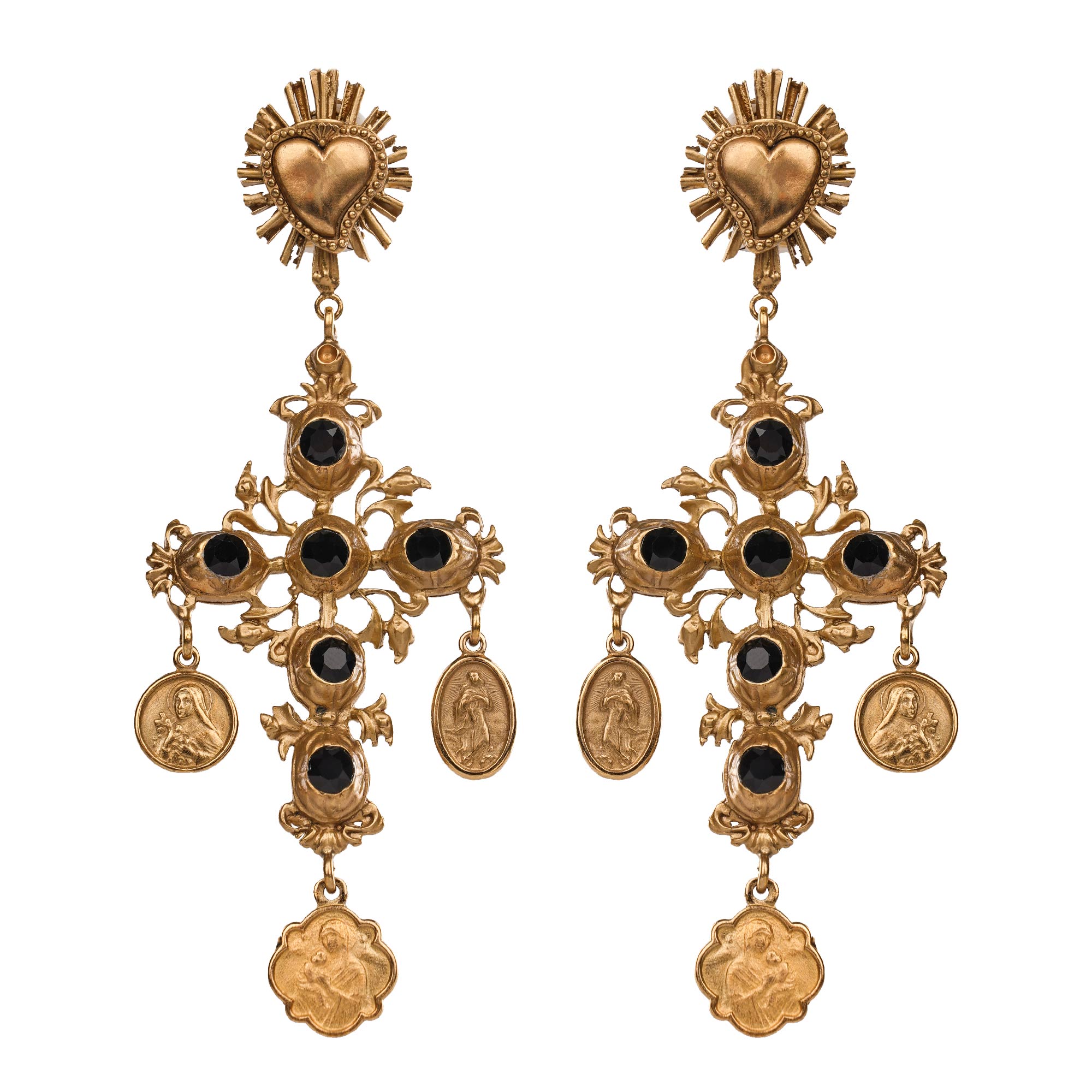 Baroque Antique Clip Earrings adorned with Sacred Heart, Madonna pendants and crystals in gold and black by DOLCE & GABBANA