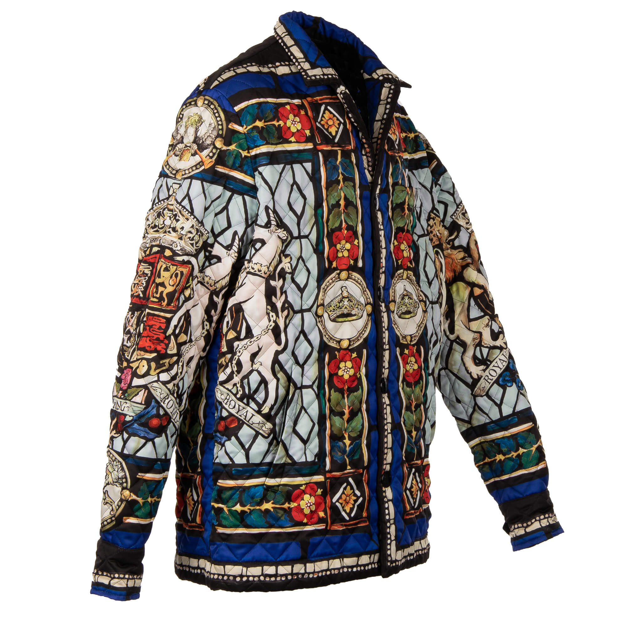 Quilted silk Royal King jacket with heraldry, lions, crowns and flowers print, pockets and snap button closure by DOLCE & GABBANA
