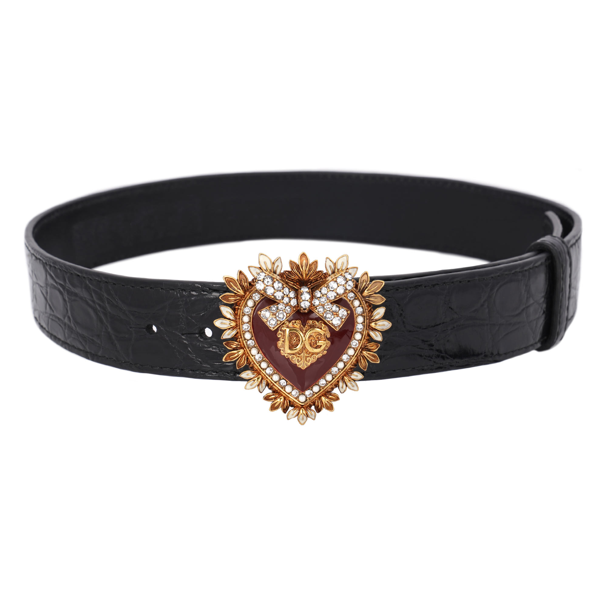 DEVOTION Pearl Heart Croco Leather Belt Black Gold 70 28 XS XXS