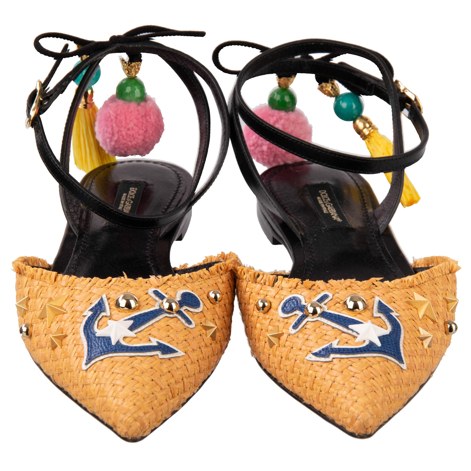 Flache Slingback Schuhe BELLUCCI aus Leder und Bast mit Nieten, Pom-Poms und Anker Applikation von DOLCE & GABBANA