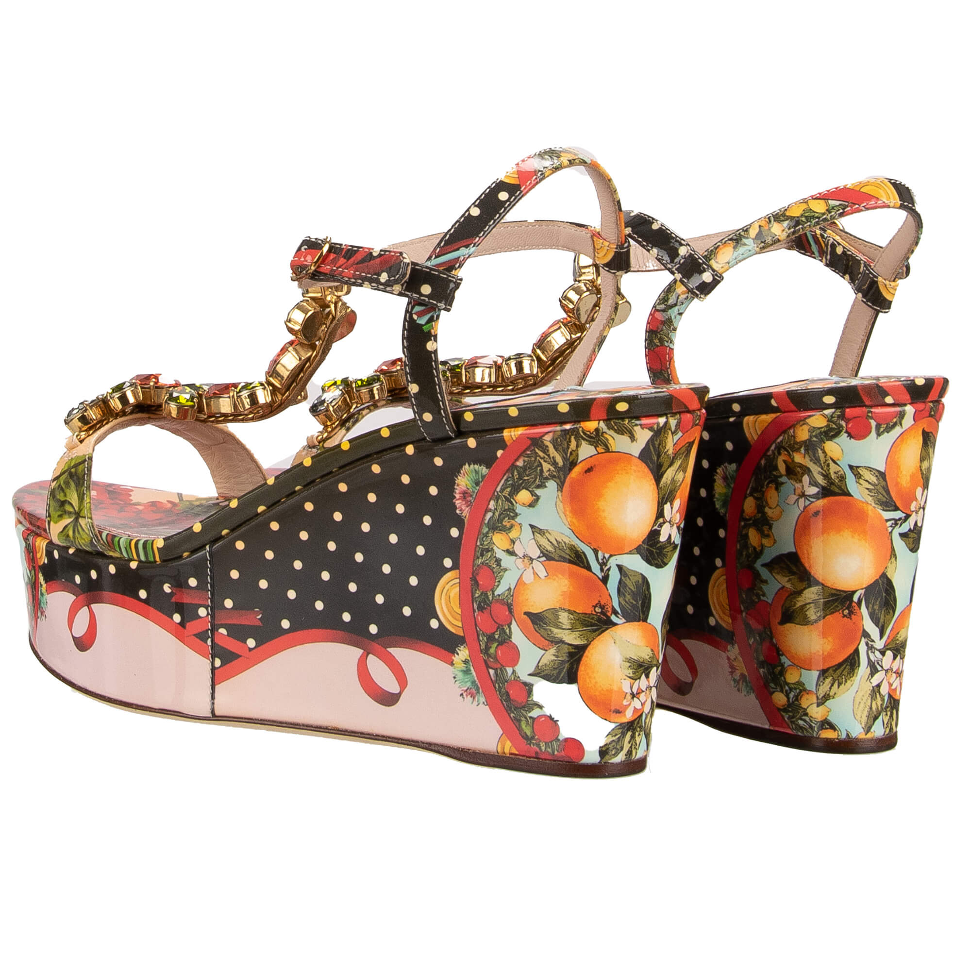 Lackleder Plateau Sandalen / Wedges BIANCA mit mehrfarbigen Kristallen, Orangen, Geranium und Polka Dot Print von DOLCE & GABBANA
