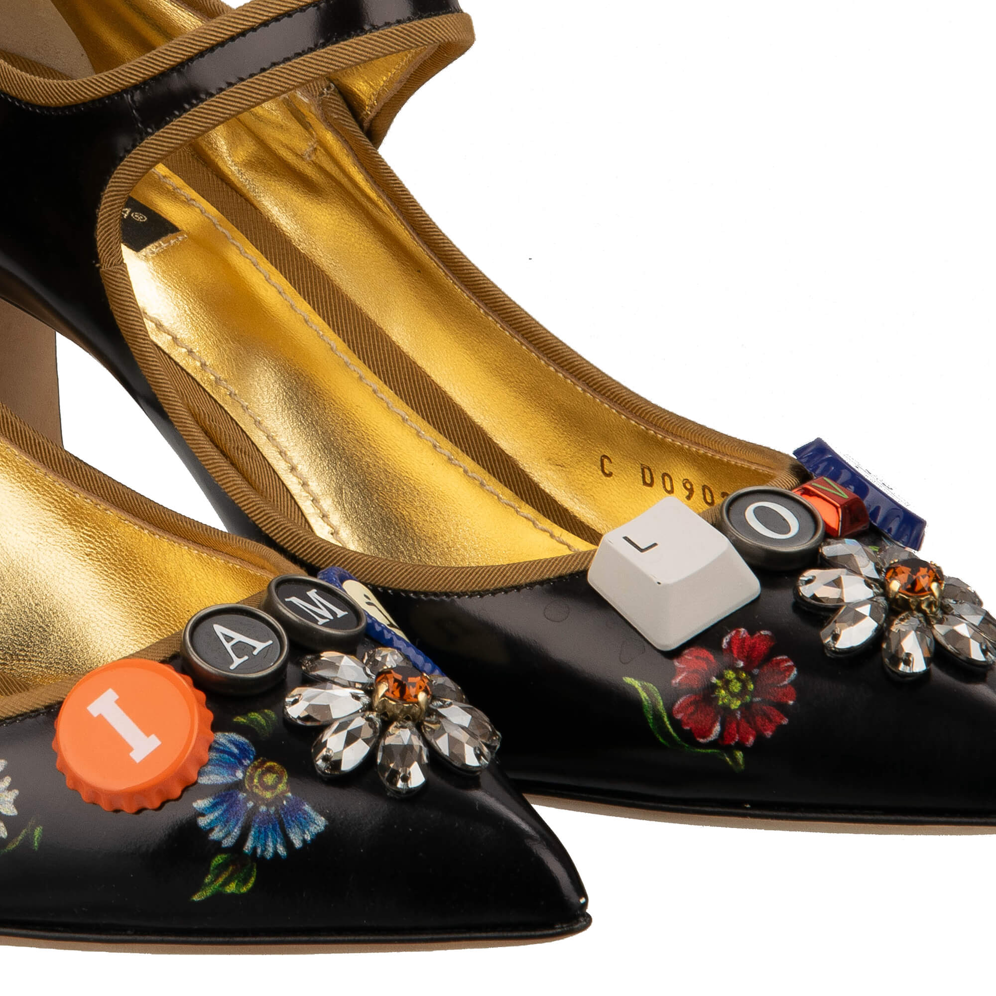 Leder Mary Jane Pumps mit I AM IN LOVE Brosche, Jacquard Absatz und Kristallen Blume von DOLCE & GABBANA