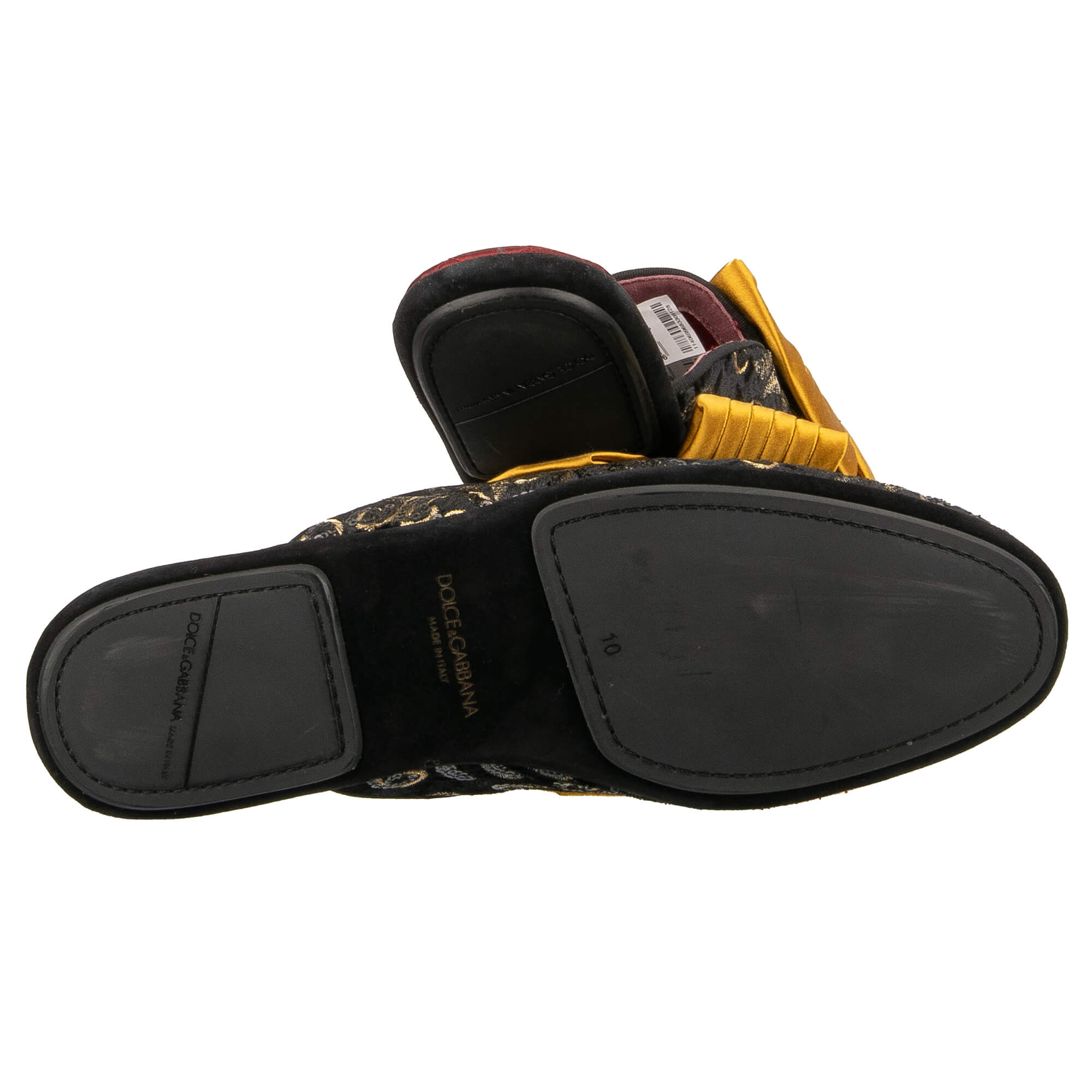 Velvet leather slipper shoes MARCELLO with crystals brooch silk bow and sequins embroidery in black and gold by DOLCE & GABBANA