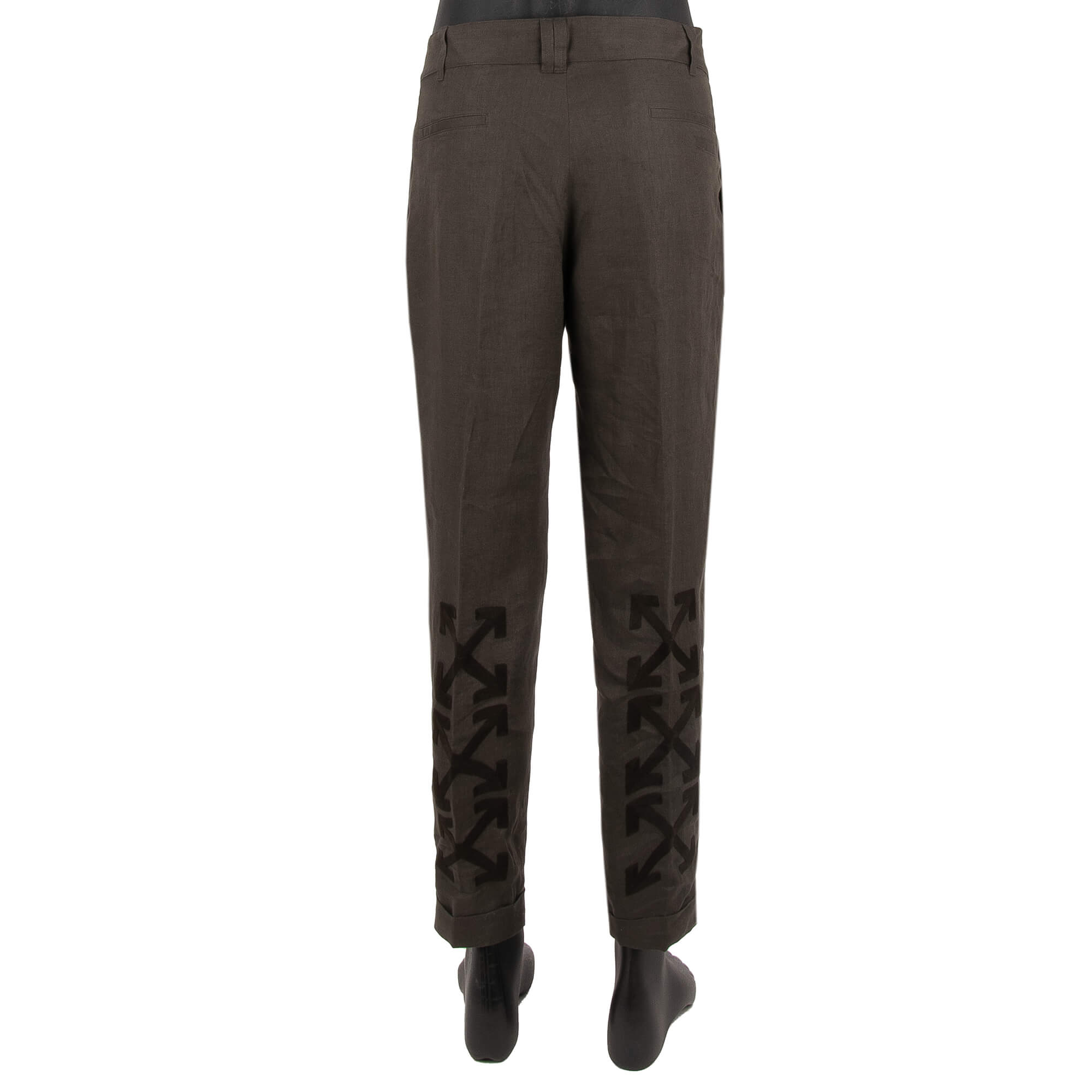Virgil Abloh Cropped Casual Linen Pants with Logo Embroidery Brown 32 M