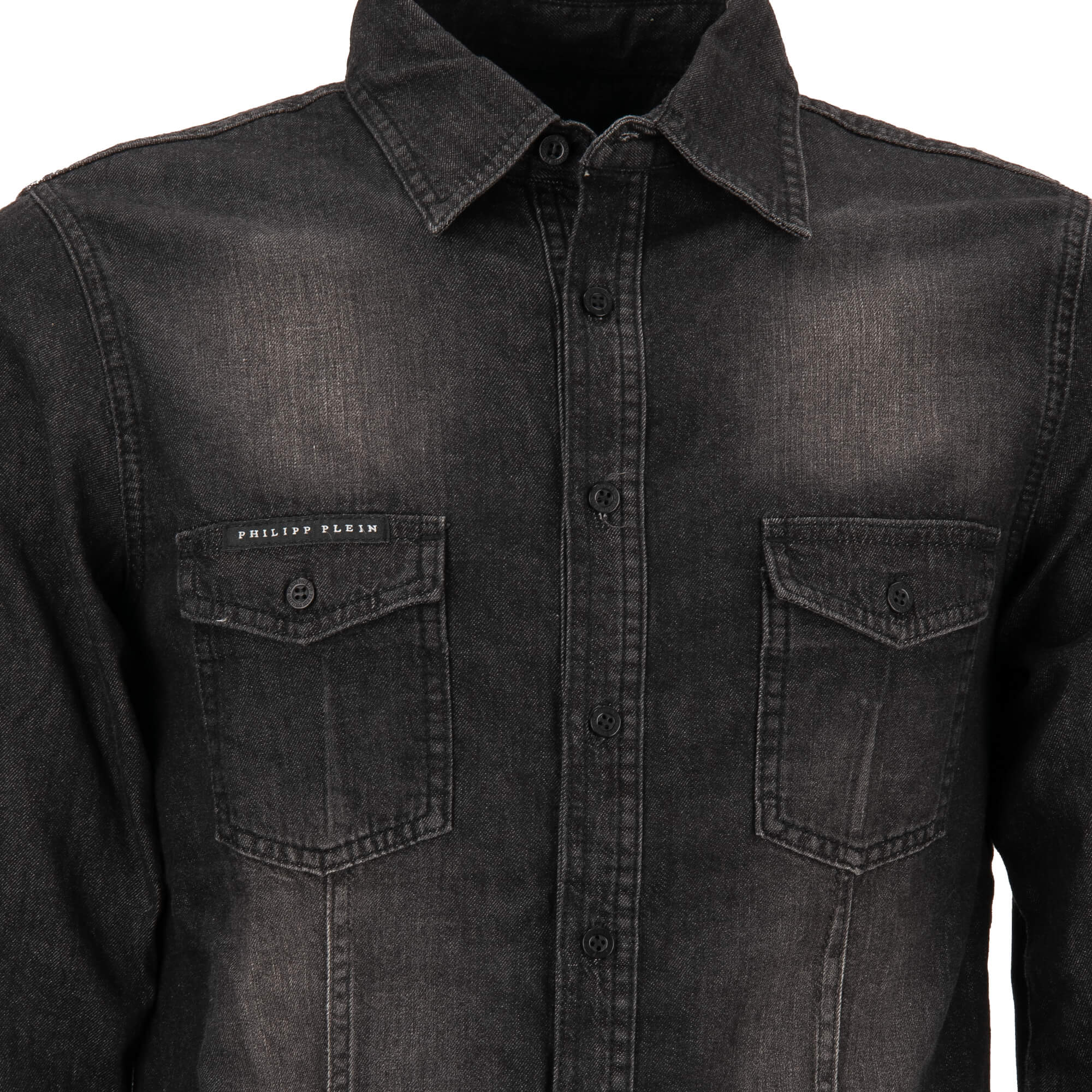 MARLON Jeans / Denim Hemd mit Kristall Perlen Skull und zwei Taschen vorne in Grau / Schwarz von PHILIPP PLEIN