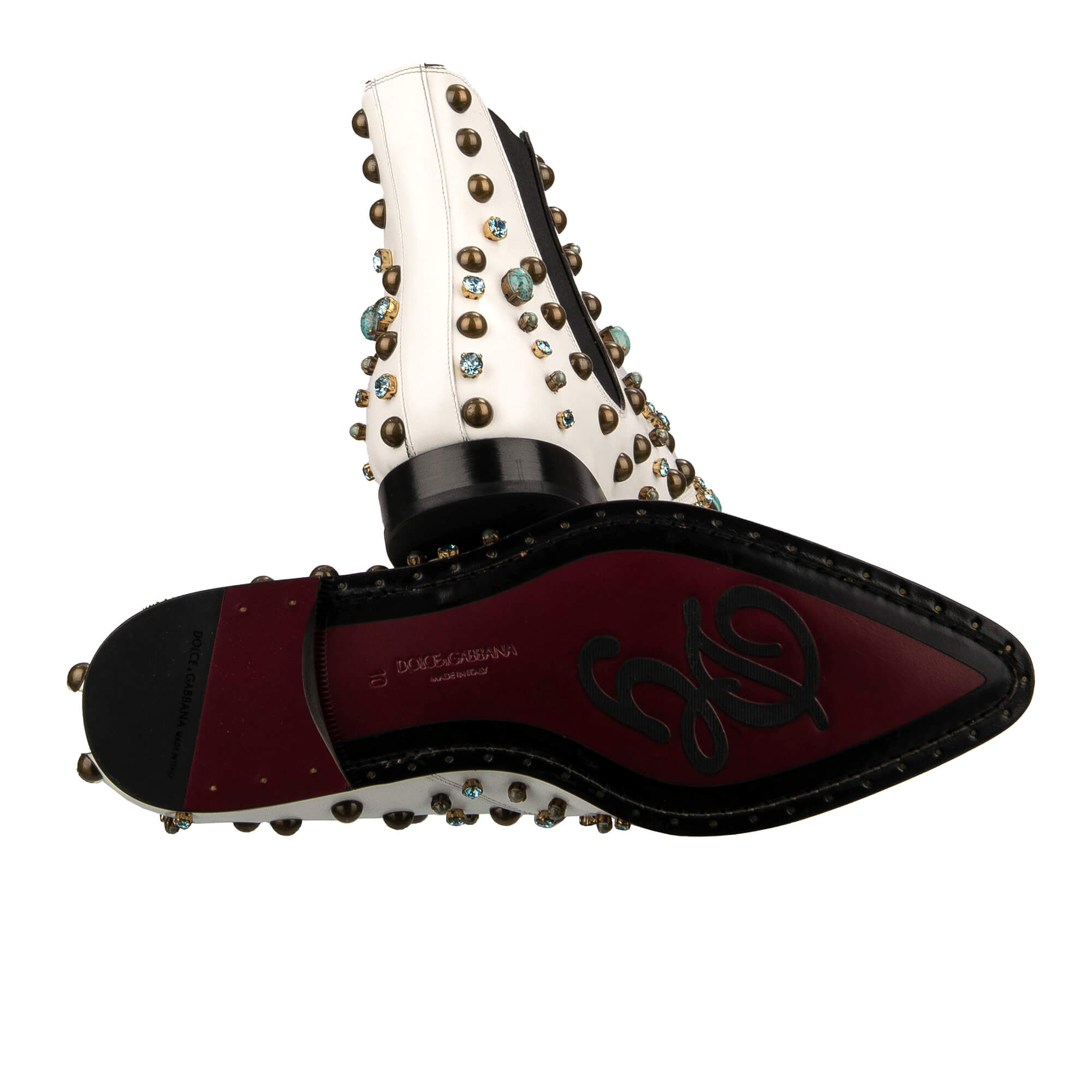 Stiefeletten Schuhe MILLENNIALS aus Leder mit Kristallen, Nieten und Steinen und Absatz mit DG Logo in Weiß von DOLCE & GABBANA