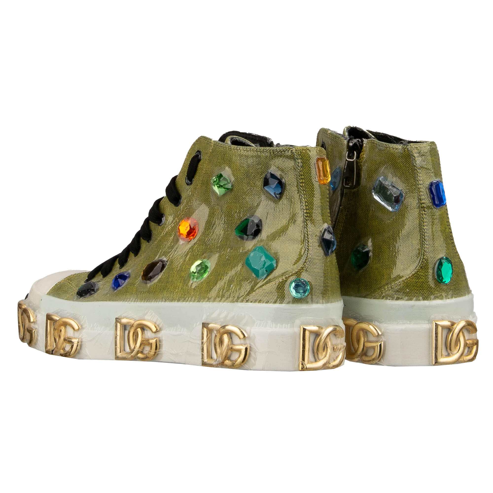 High Top Denim Stoff und Leder Sneaker PORTOFINO mit DG Gold Logos und Kristallen in Grau und Weiß von DOLCE & GABBANA