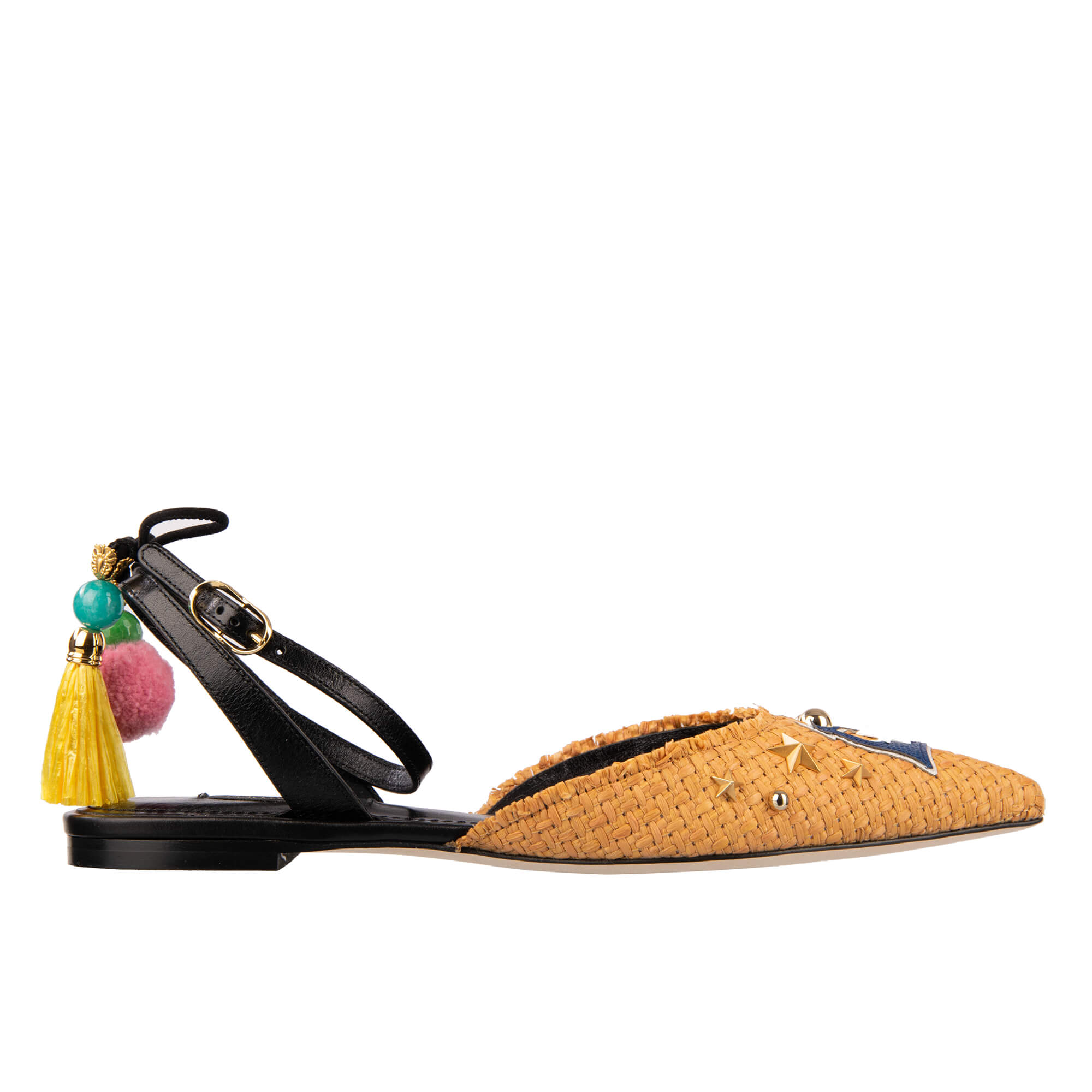 Flache Slingback Schuhe BELLUCCI aus Leder und Bast mit Nieten, Pom-Poms und Anker Applikation von DOLCE & GABBANA