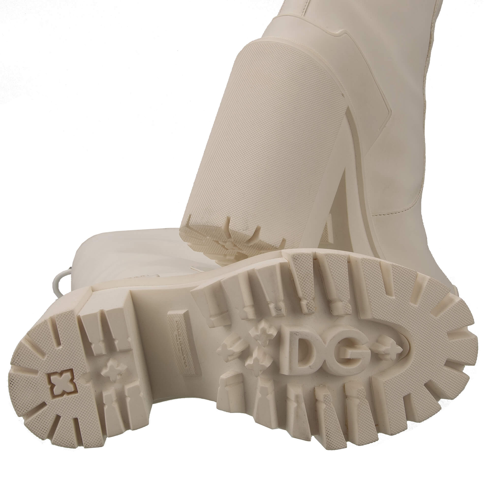 Plateau Faux Rubber Leather Blend Hi Trekking Heels Boots with DG logo in front in white by DOLCE & GABBANA