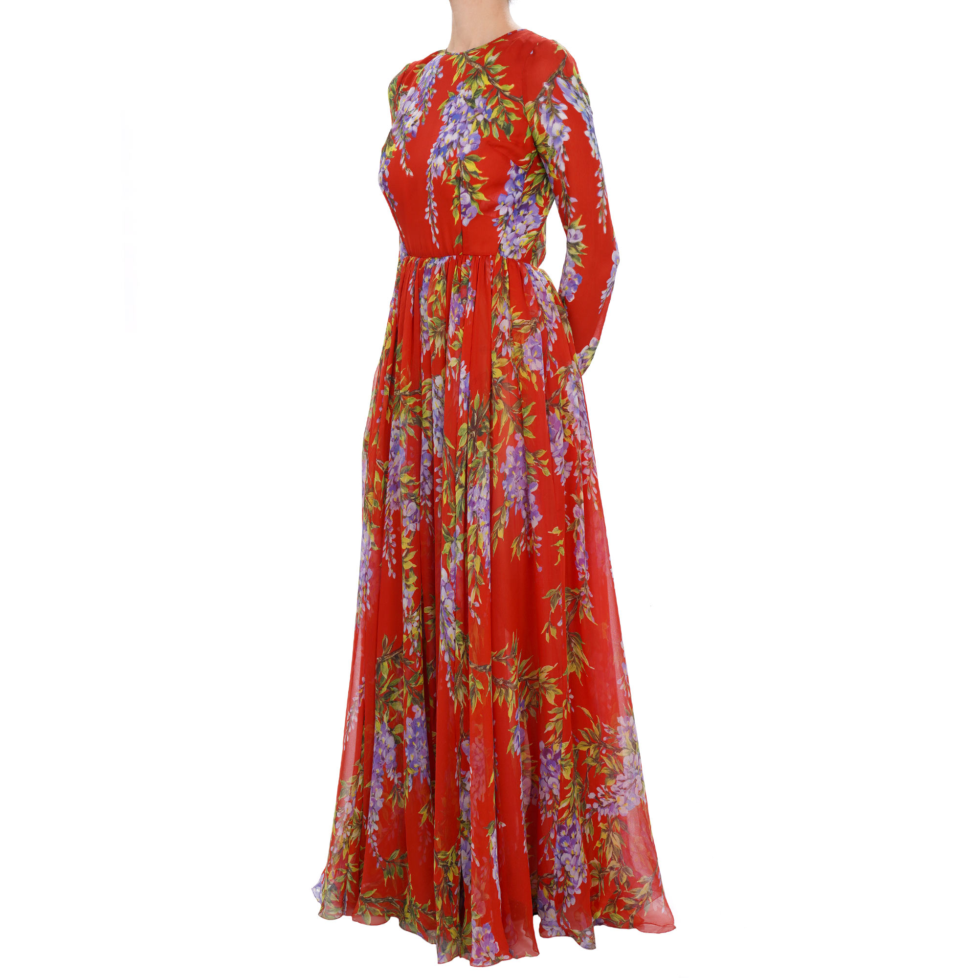 Wisteria flower print maxi silk dress with open back and tulle underskirt in red and purple by DOLCE & GABBANA