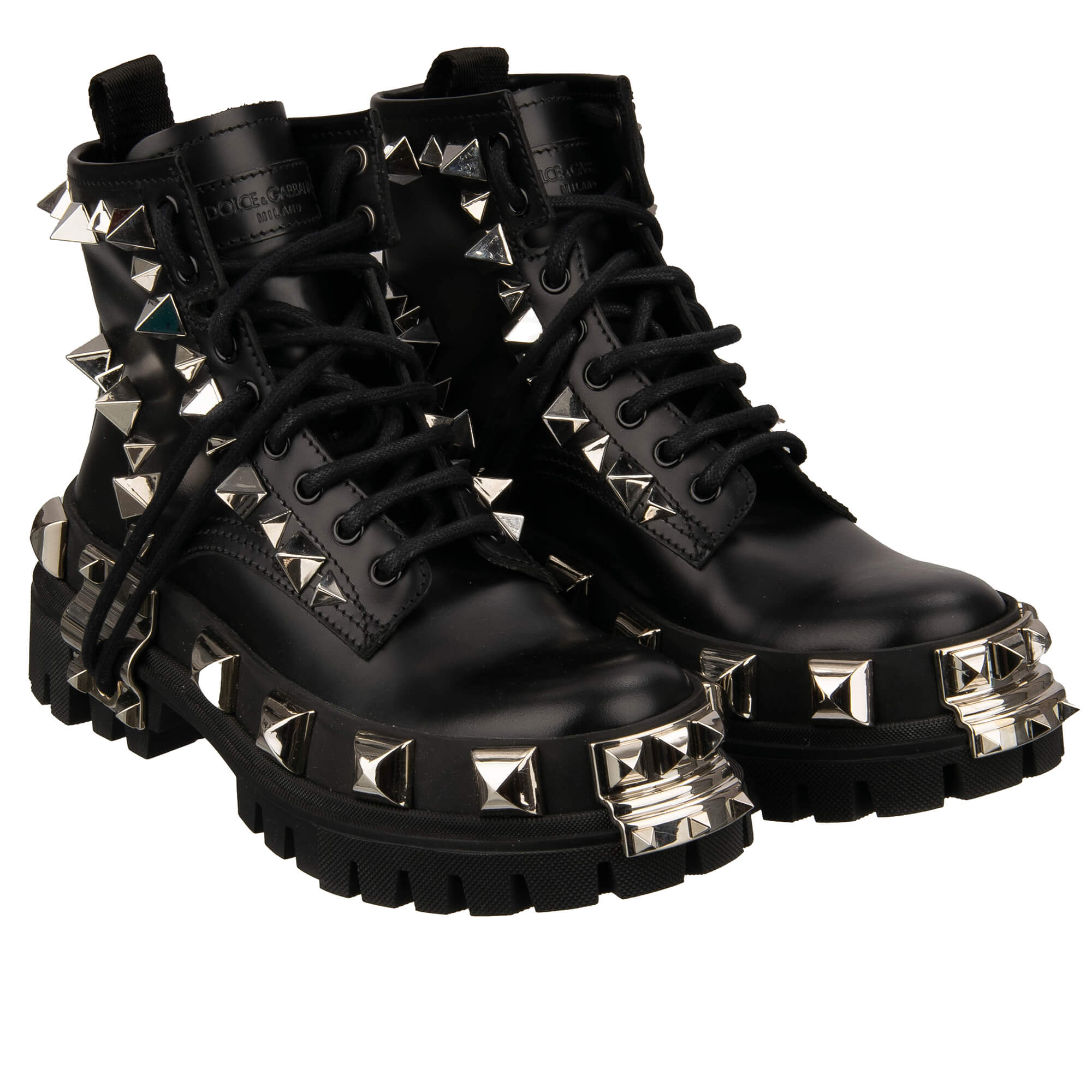 Leder Plateau Combat / Biker Stiefel mit überall verteilten Nieten in Schwarz von DOLCE & GABBANA