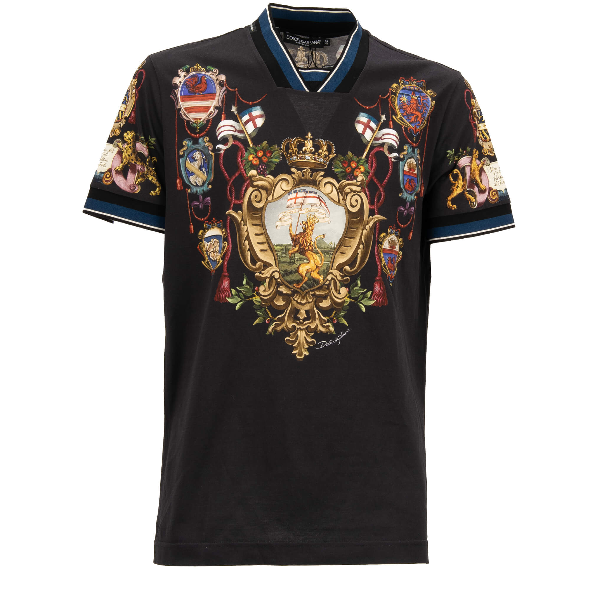 Baumwolle T-Shirt mit Royal Wappen Krone Löwe Print und gerippten Details in Schwarz von DOLCE & GABBANA