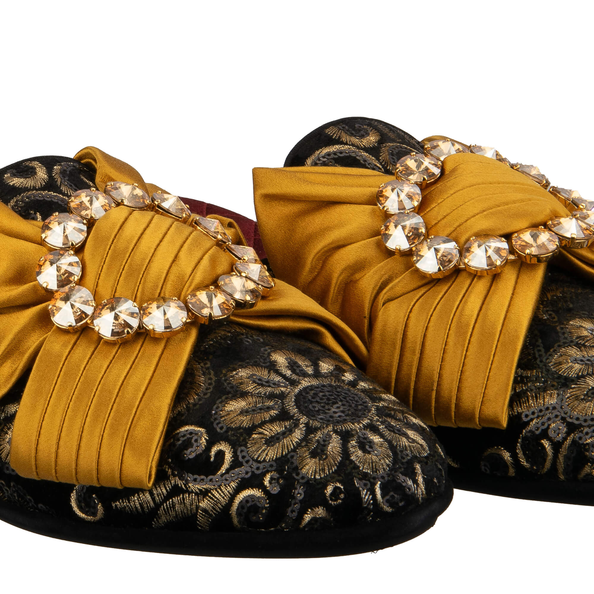 Velvet leather slipper shoes MARCELLO with crystals brooch silk bow and sequins embroidery in black and gold by DOLCE & GABBANA
