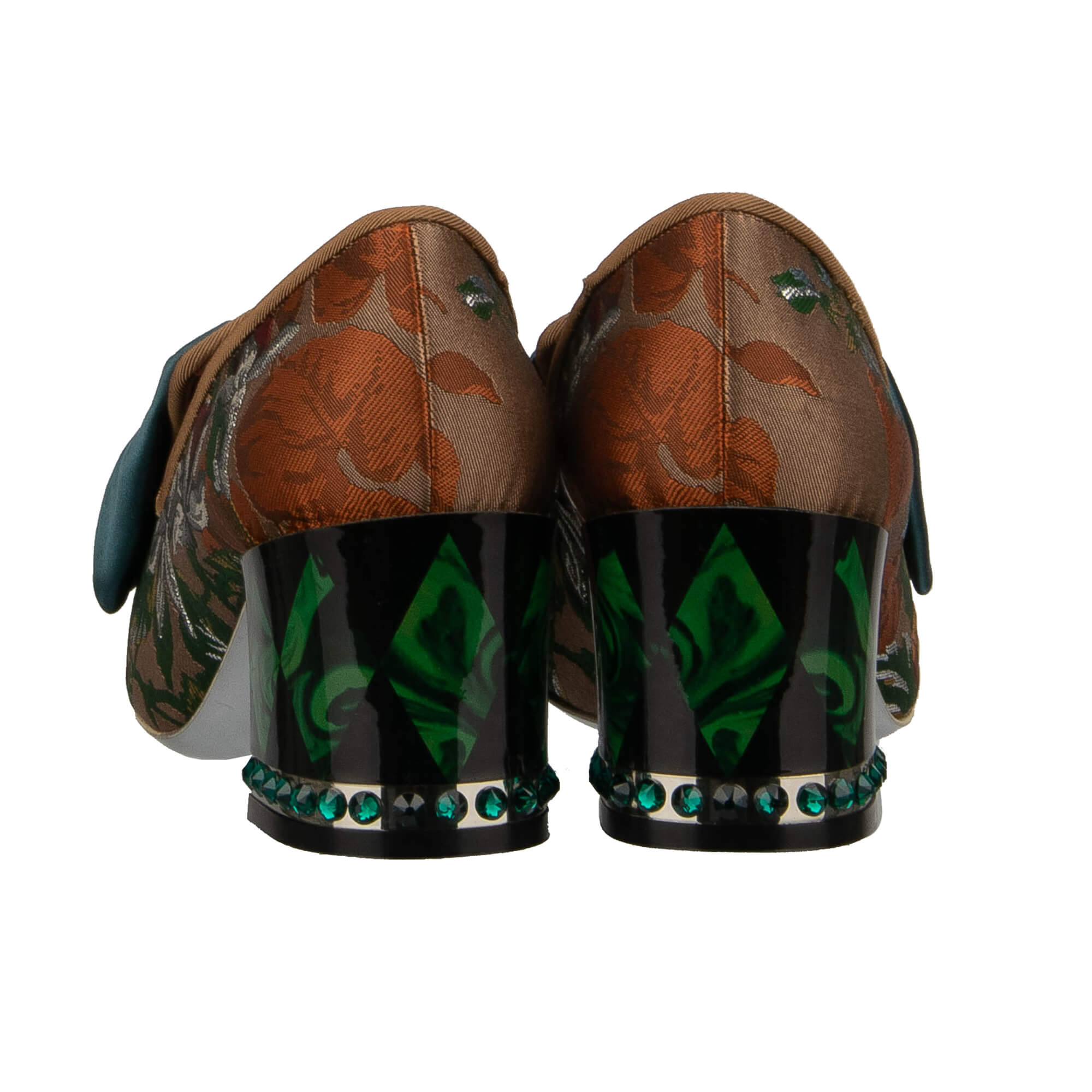 Barock Brokat Pumps JACKIE mit Schleifen Kristallen Brosche in Grün und Braun von DOLCE & GABBANA