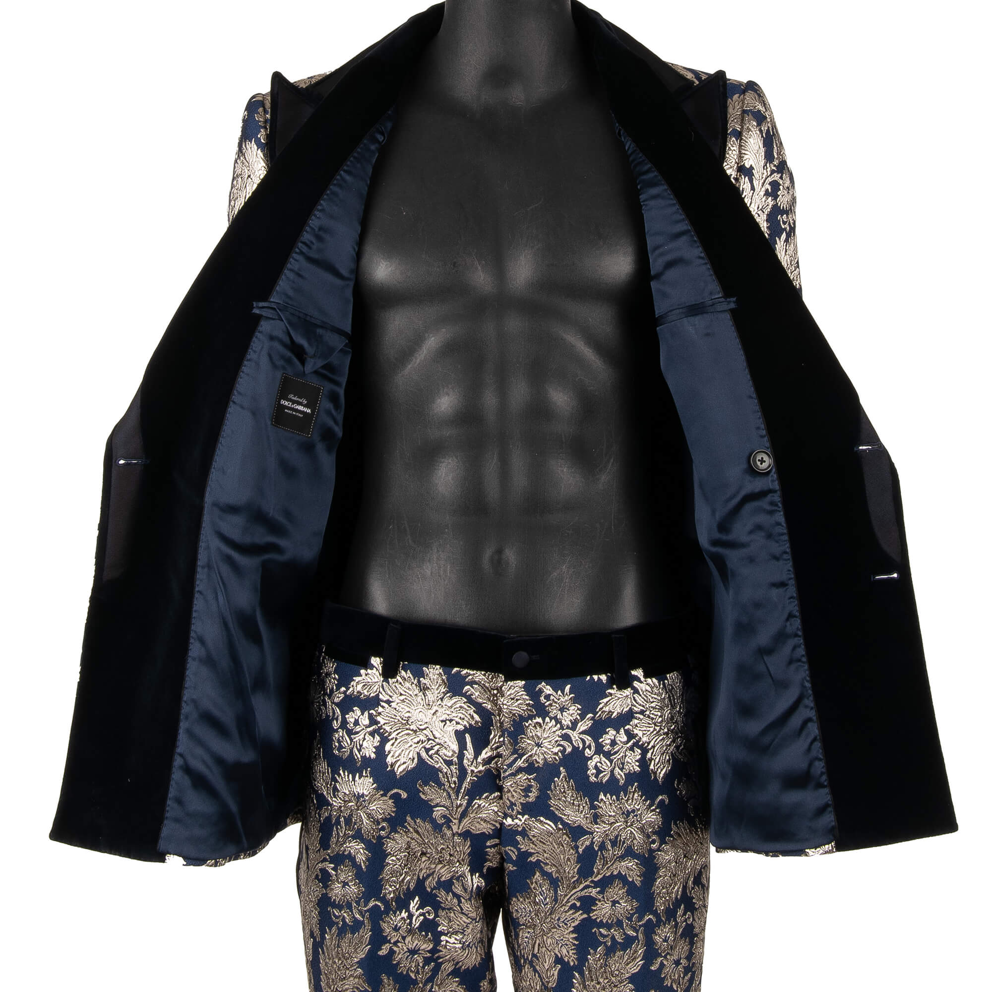 Anzug aus Blumen Jacquard mit spitzem Revers in Blau und Silber von DOLCE & GABBANA 