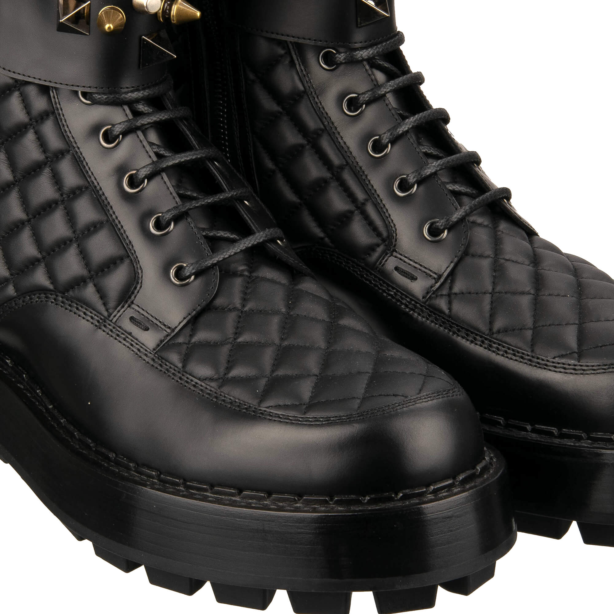 Plateau Top Track Combat / Biker Stiefel aus gestepptem Leder mit Nieten, Logo und Reißverschluss in Schwarz von DOLCE & GABBANA
