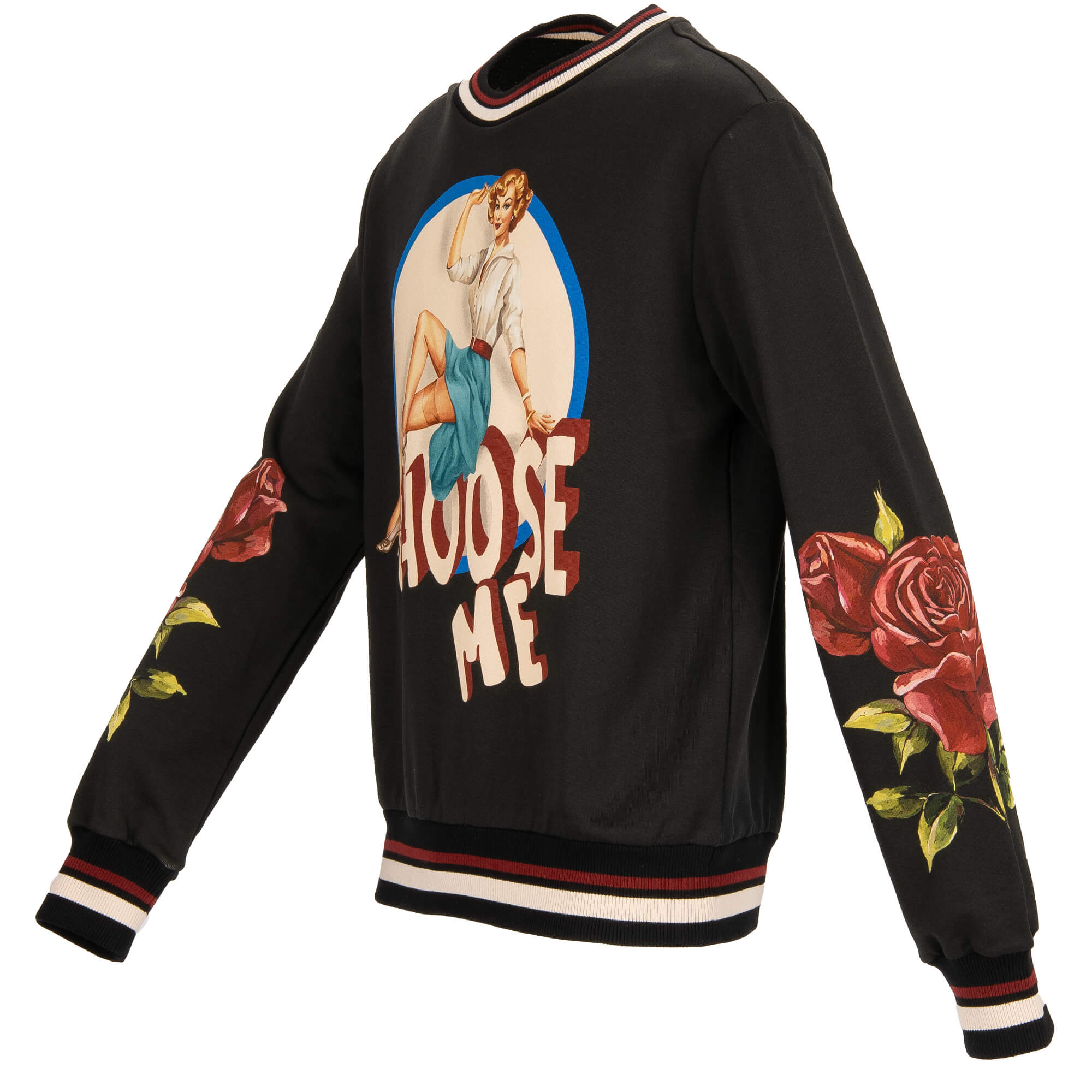 Cotton Sweater CHOOSE ME with Pin Up and Logo Print Black 48 M 11595