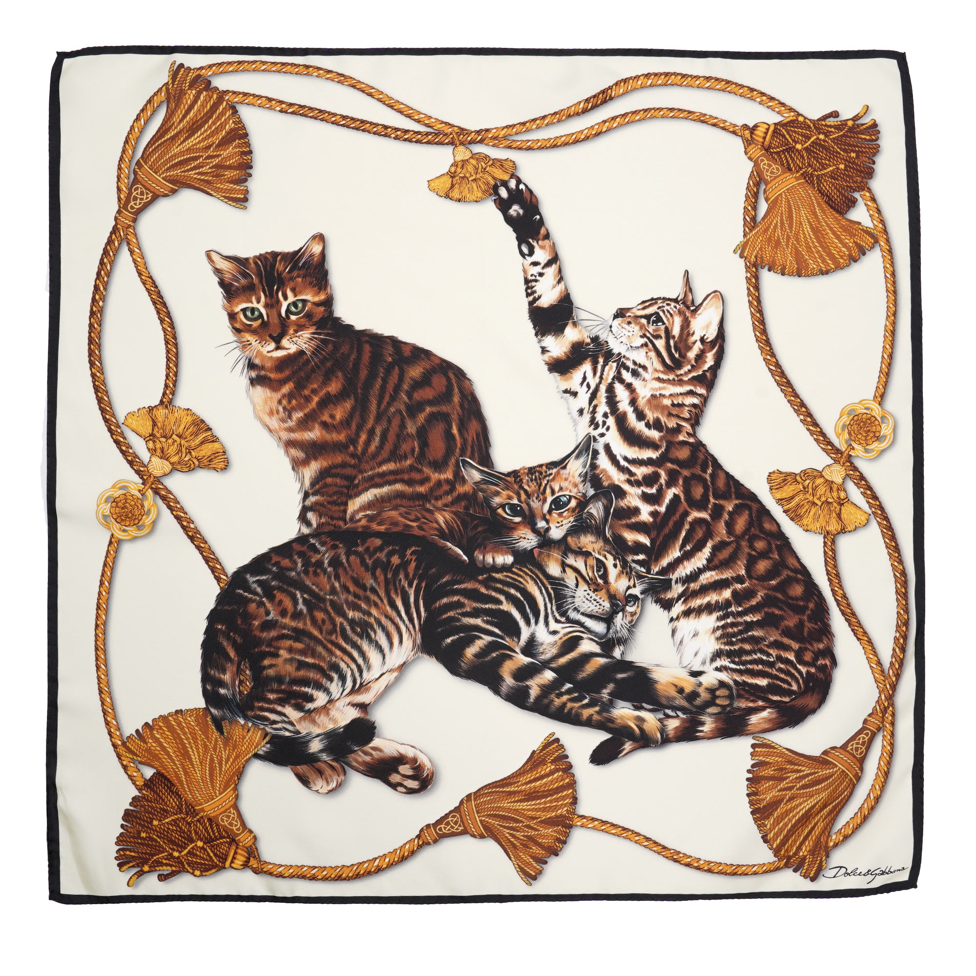 Bengal Cat Tassel Print Silk Scarf Foulard Beige Brown