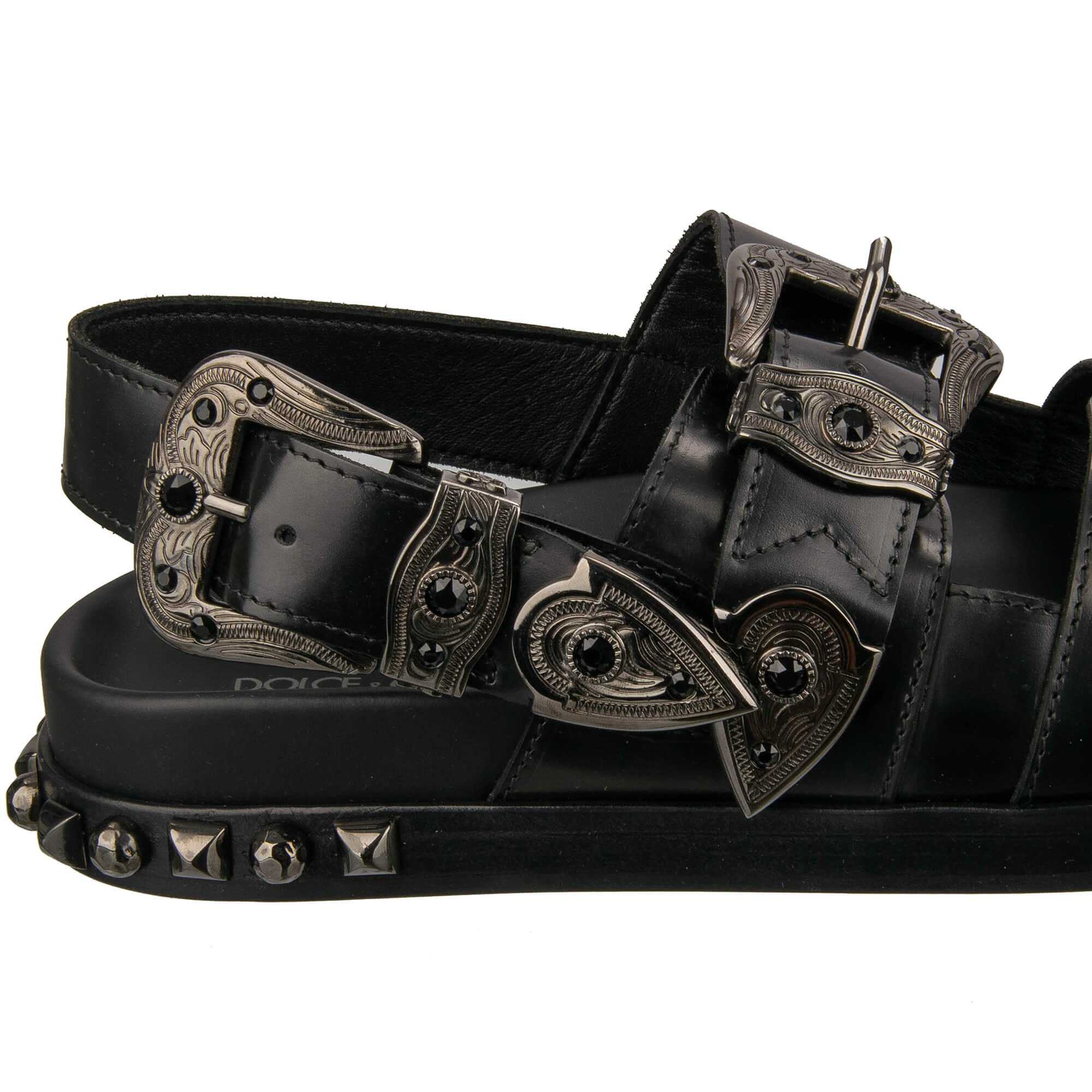 Studded leather Slides Sandals Shoes HAWAII with buckles embellished with crystals and DG logo in black by DOLCE & GABBANA 