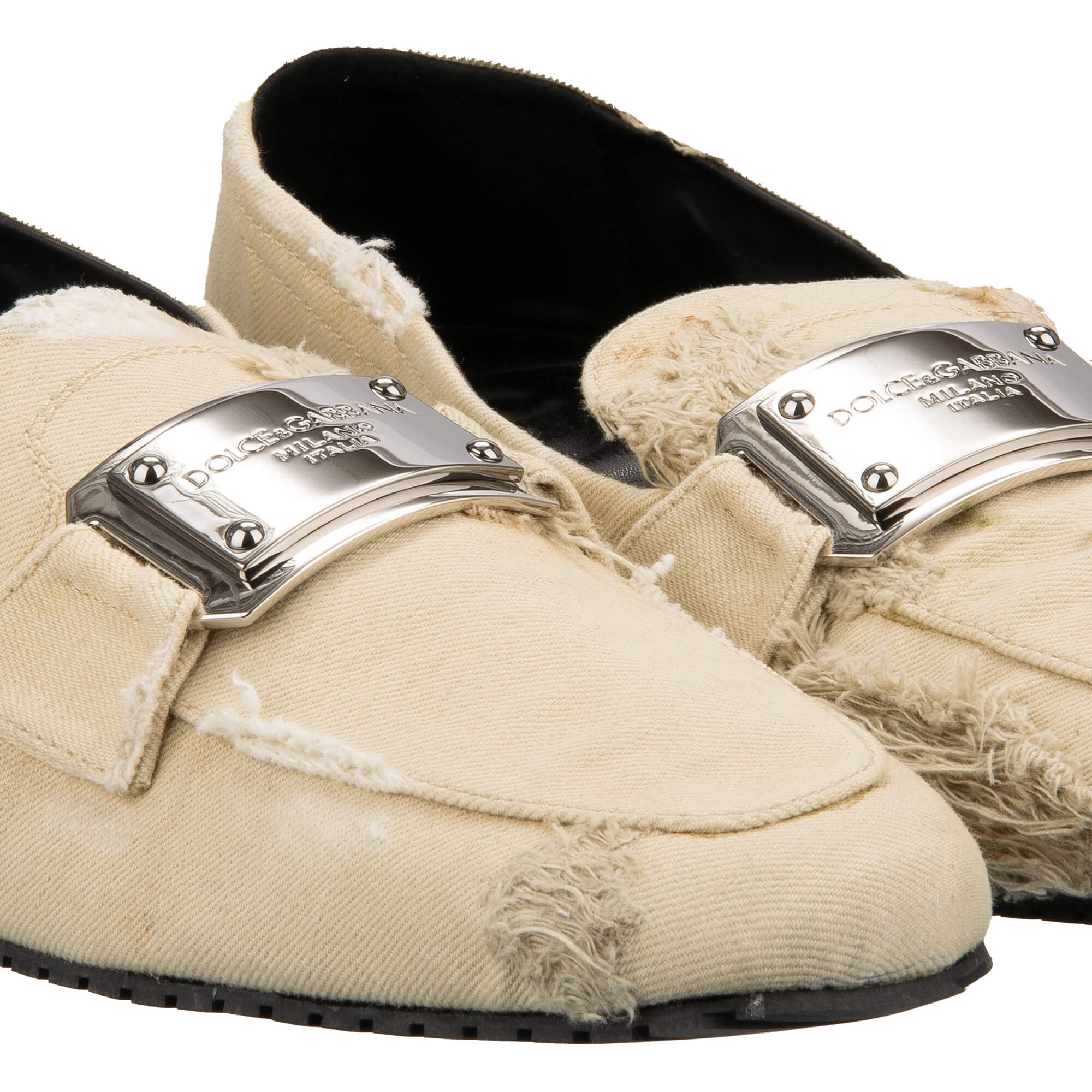 One of a kind destroyed effect denim fabric moccasins shoes NEW ZERO with DG Metal Logo Plate in beige by DOLCE & GABBANA