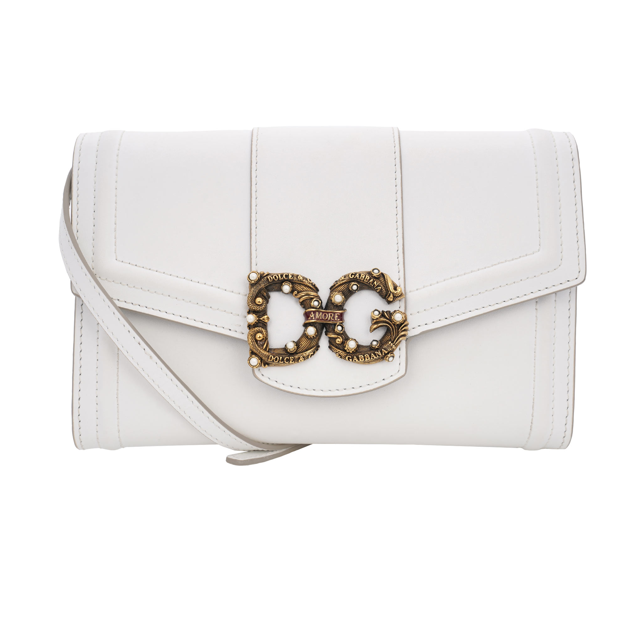 Leder Clutch Strap Tasche DG AMORE Perlen Gold Logo Weiß