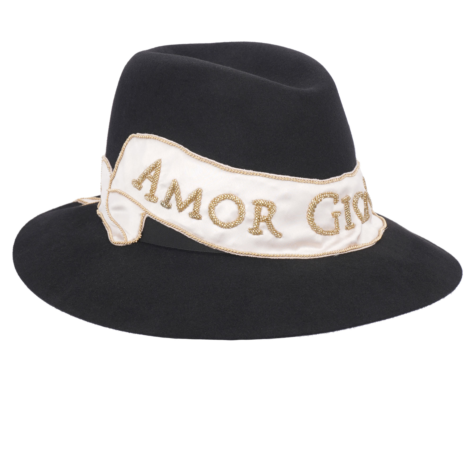 AMOR GIGNIT AMOREM Pearl Silk Ribbon Fedora Hat Black 57